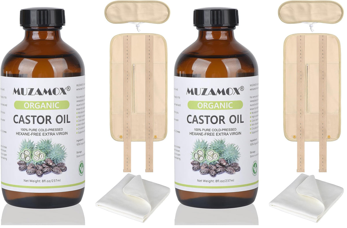 MUZAMOX Castor Oil Pack Wrap 8fl oz Glass Bottle Set Organic - MUZAMOX Official Imagery - 8