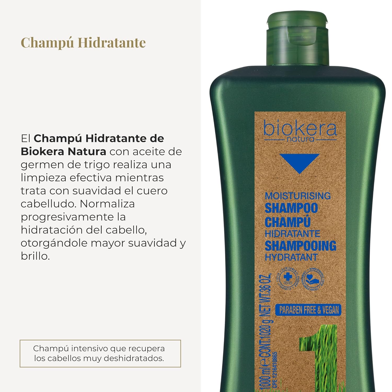 Salerm Biokera Natura Moisturising Shampoo bottle, 36 ounces, with natural ingredients for hydration and scalp care