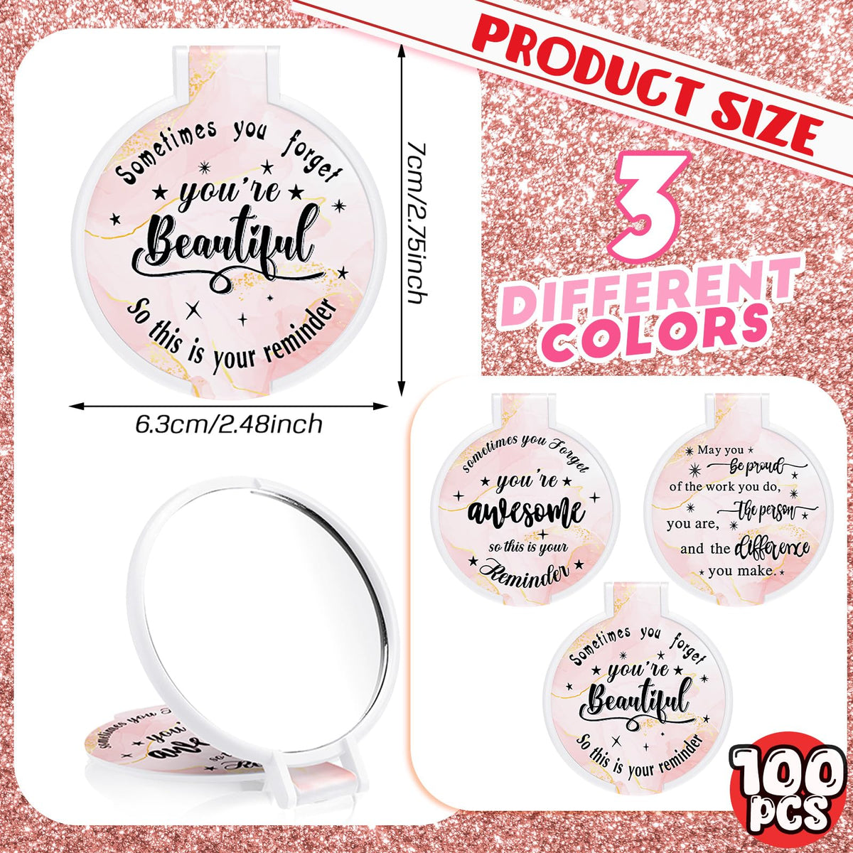 100 Pcs Compact Mirror Bulk Small Gifts for Women Light Pink - Wenqik Official Imagery - 3