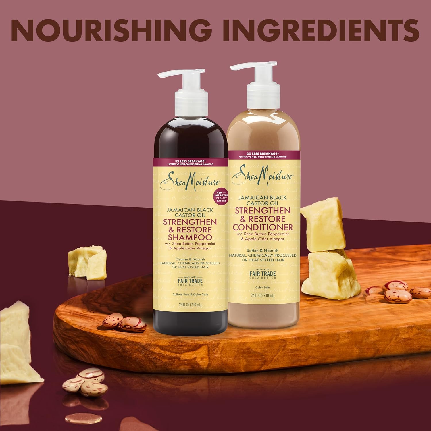 SheaMoisture Strengthen & Restore Shampoo and Conditioner bundle for healthy, strong hair, featuring Jamaican-inspired formulas.