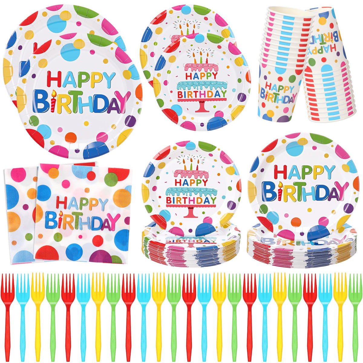 200 Pcs Happy Birthday Colorful Polka Dot Party Paper Plates - Ziliny Official Imagery - 2