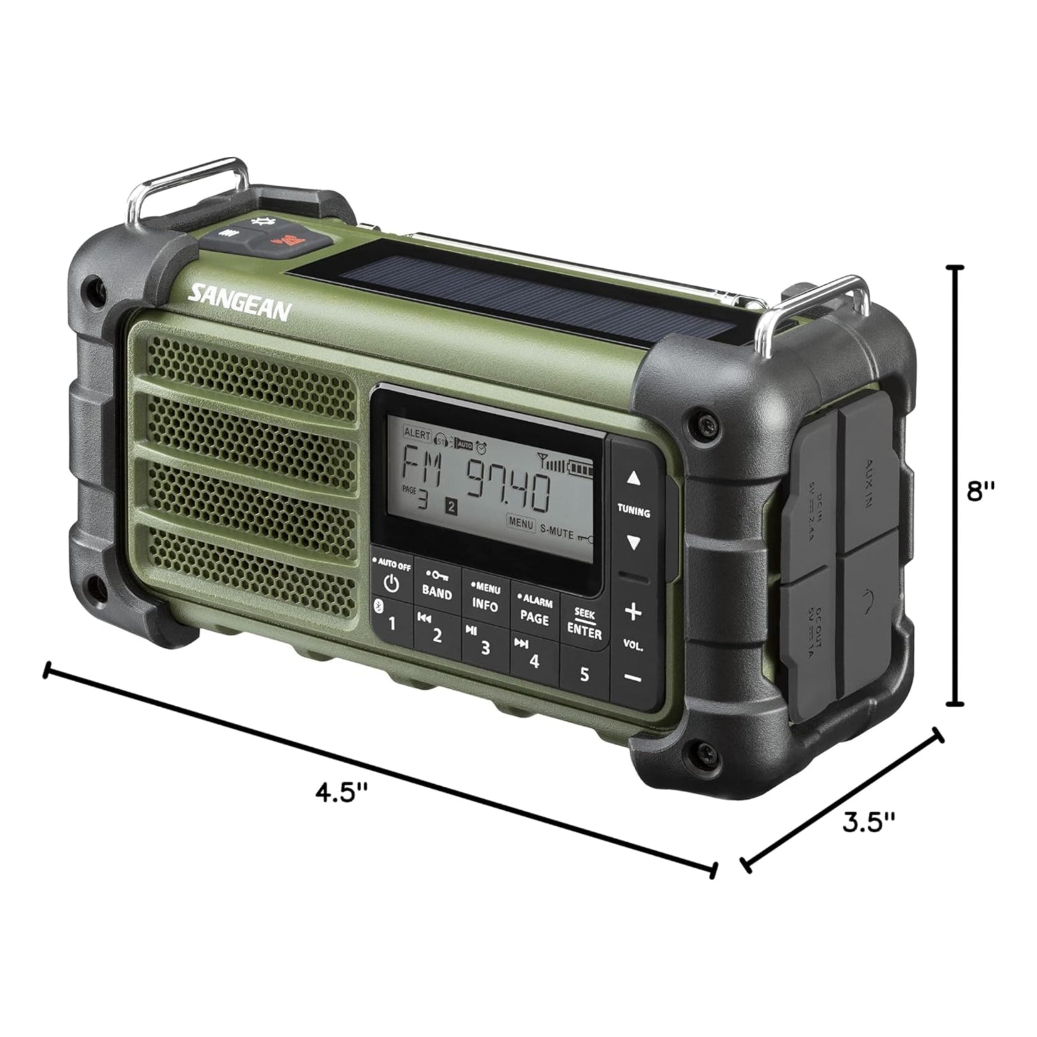 Sangean MMR-99 emergency radio with digital tuning, AM/FM, Bluetooth, AUX, weather alert, and multi-power options.