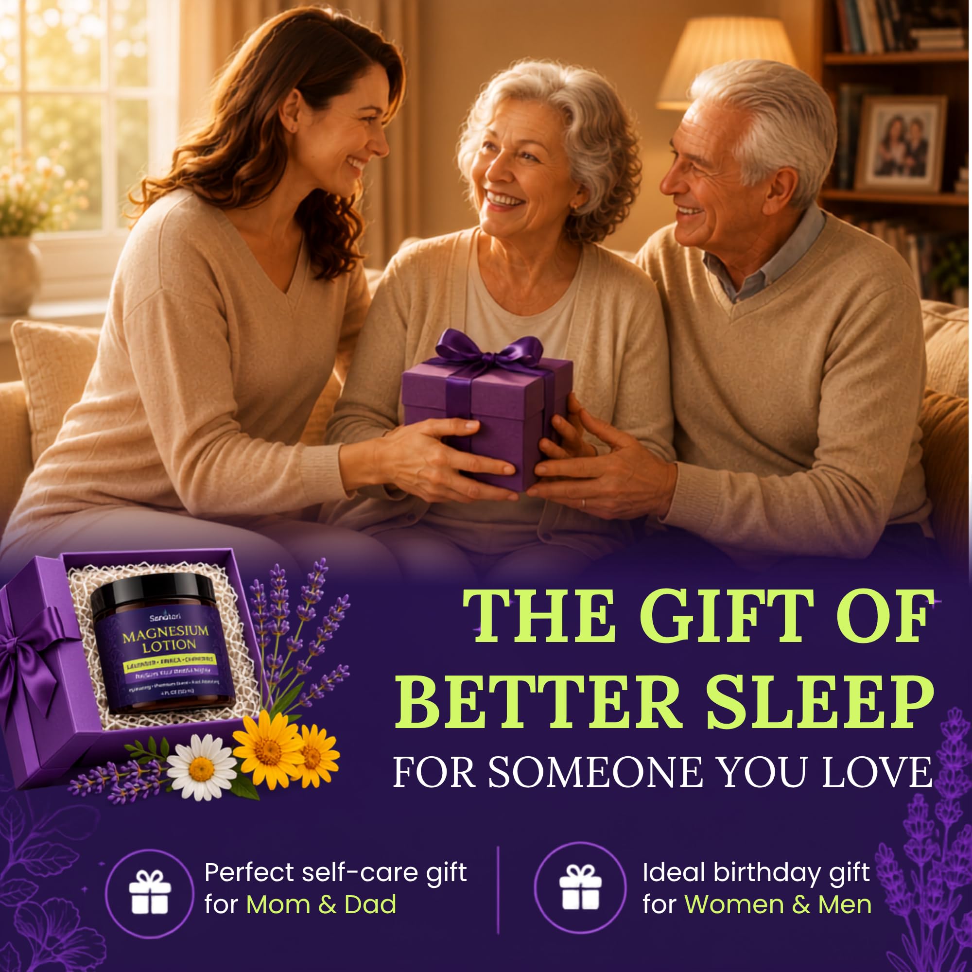 Senotori Magnesium Sleep Lotion in lavender and arnica with 4oz bottle, moisturizing skin with calming ingredients
