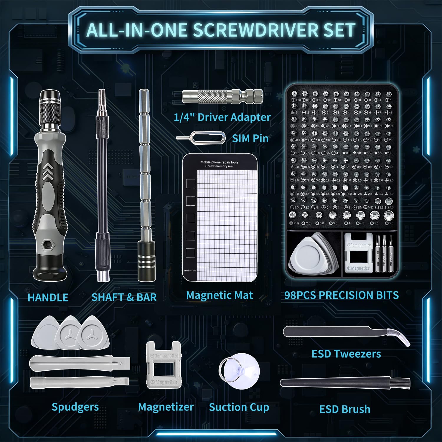 SHOWPIN 122-piece precision computer screwdriver kit with various screwdrivers and bits for laptop repair.
