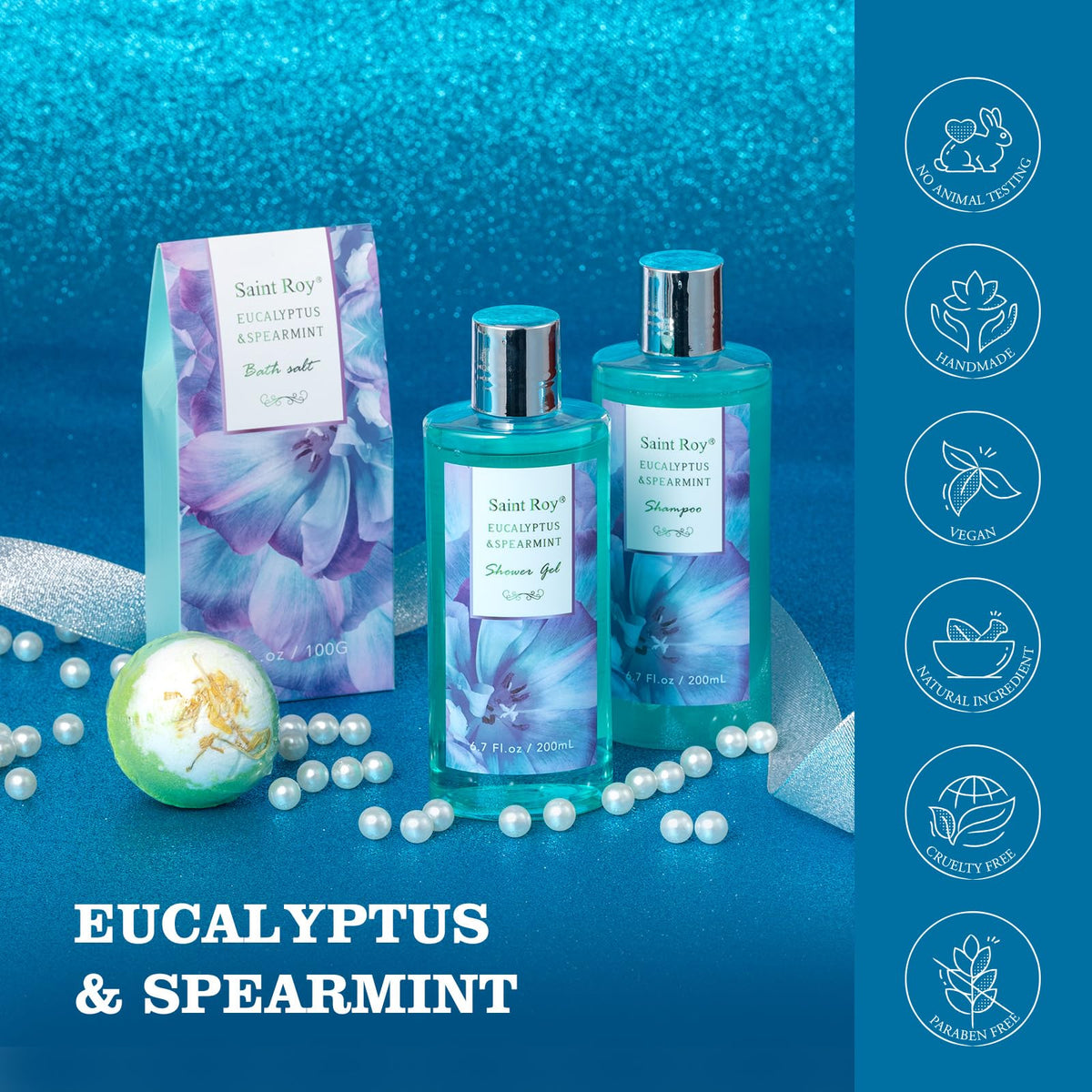 Bath and Body Basket Set EUCALYPTUS Mint Spa Gift Basket for - Saint Roy Official Imagery - 7