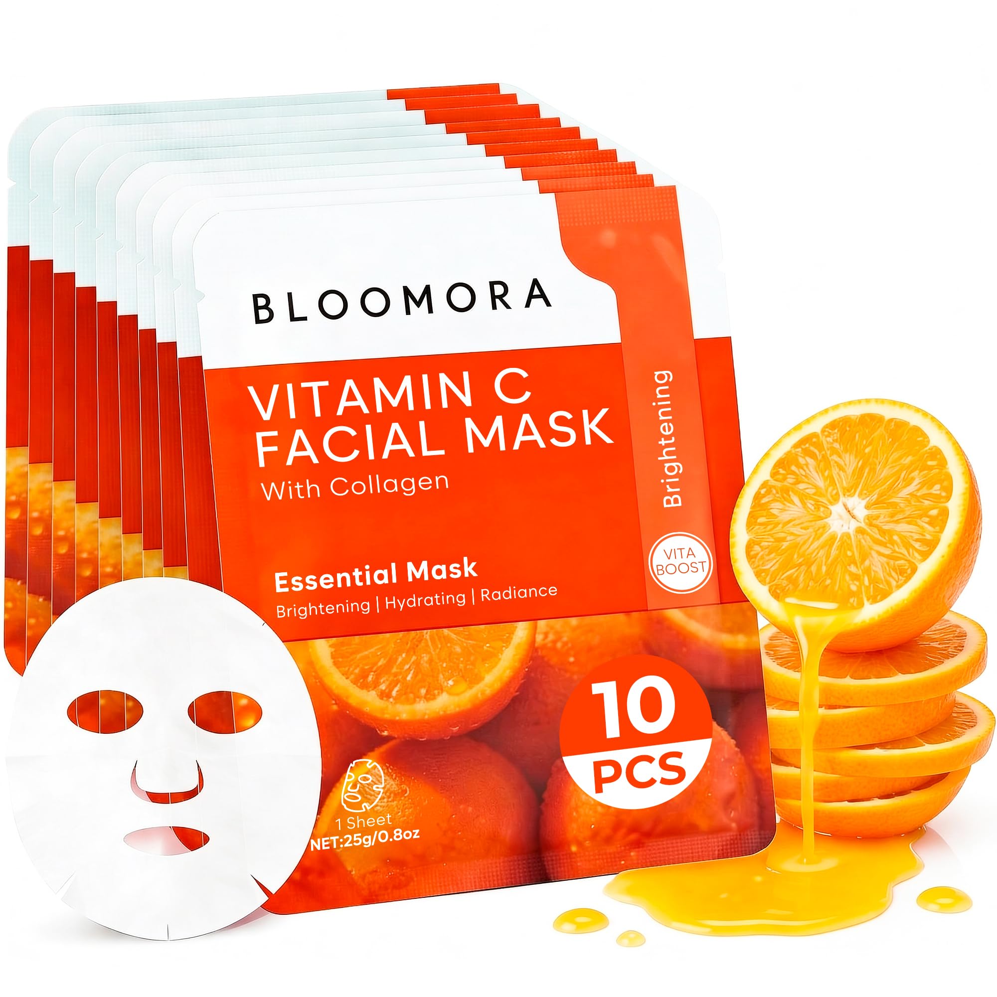 BLOOMORA 10 Pack Vitamin C + Collagen Face Mask Set, Vitamin C - Product Imagery