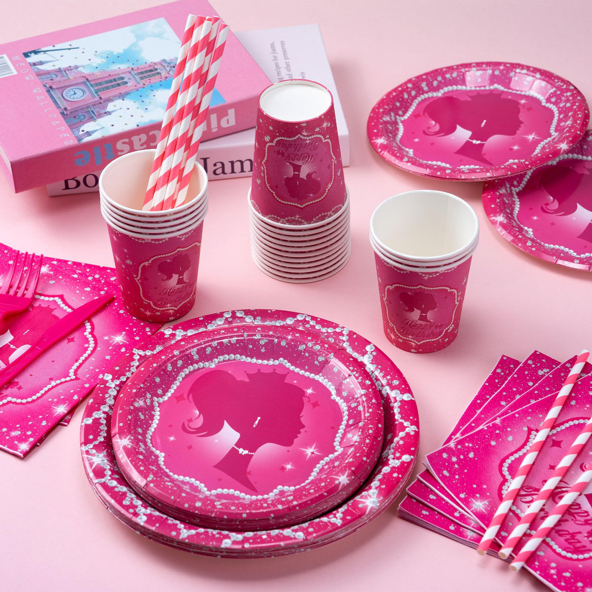 162 Piece Hot Pink Birthday Tableware Set for 20 Guests - JOLJUMP Official Imagery - 4