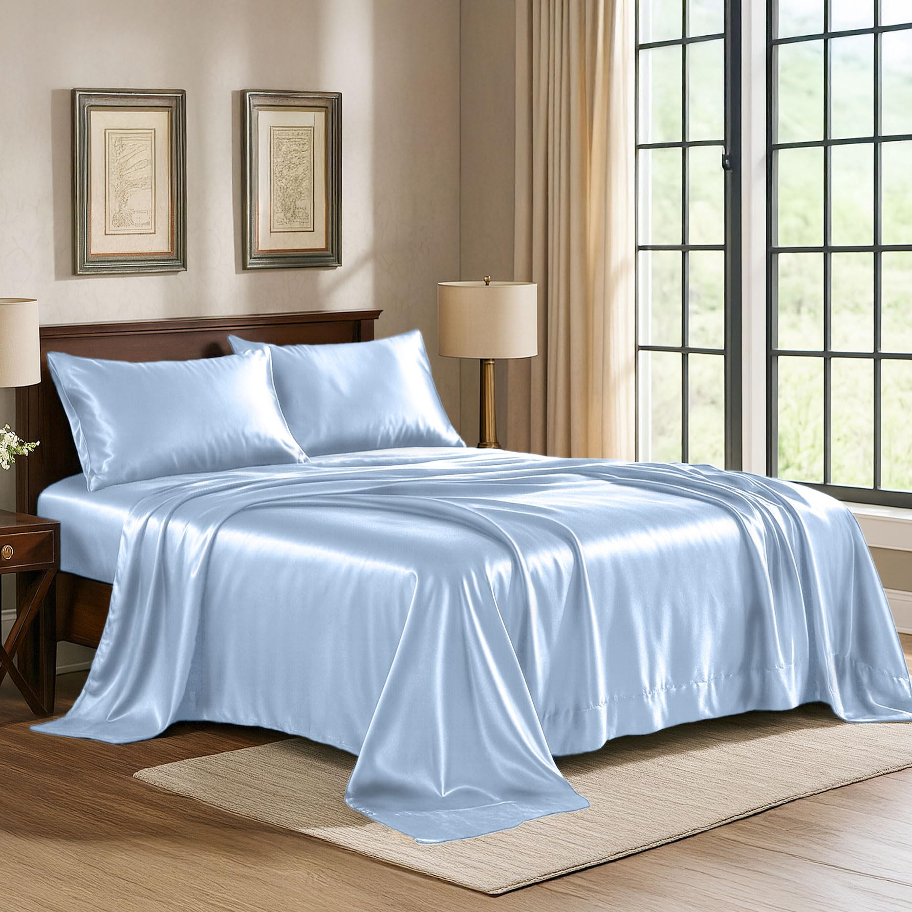 Satin Sheets Twin [3-Piece, Baby Blue] Hotel Luxury Silky Bed - Product Imagery