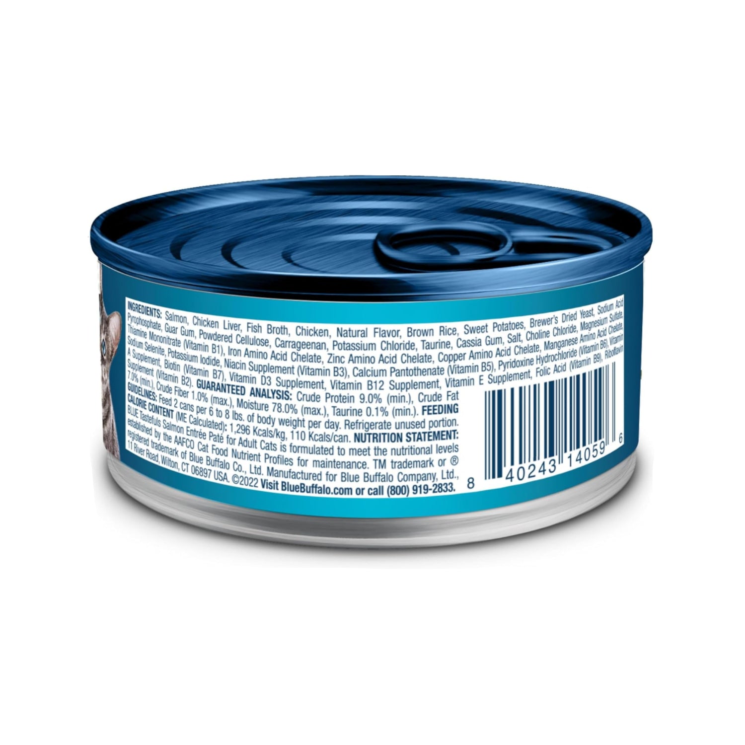 Blue Buffalo Tastefuls wet cat food Paté with salmon in 3-oz. cans, showing 24 cans of natural ingredients for cats.