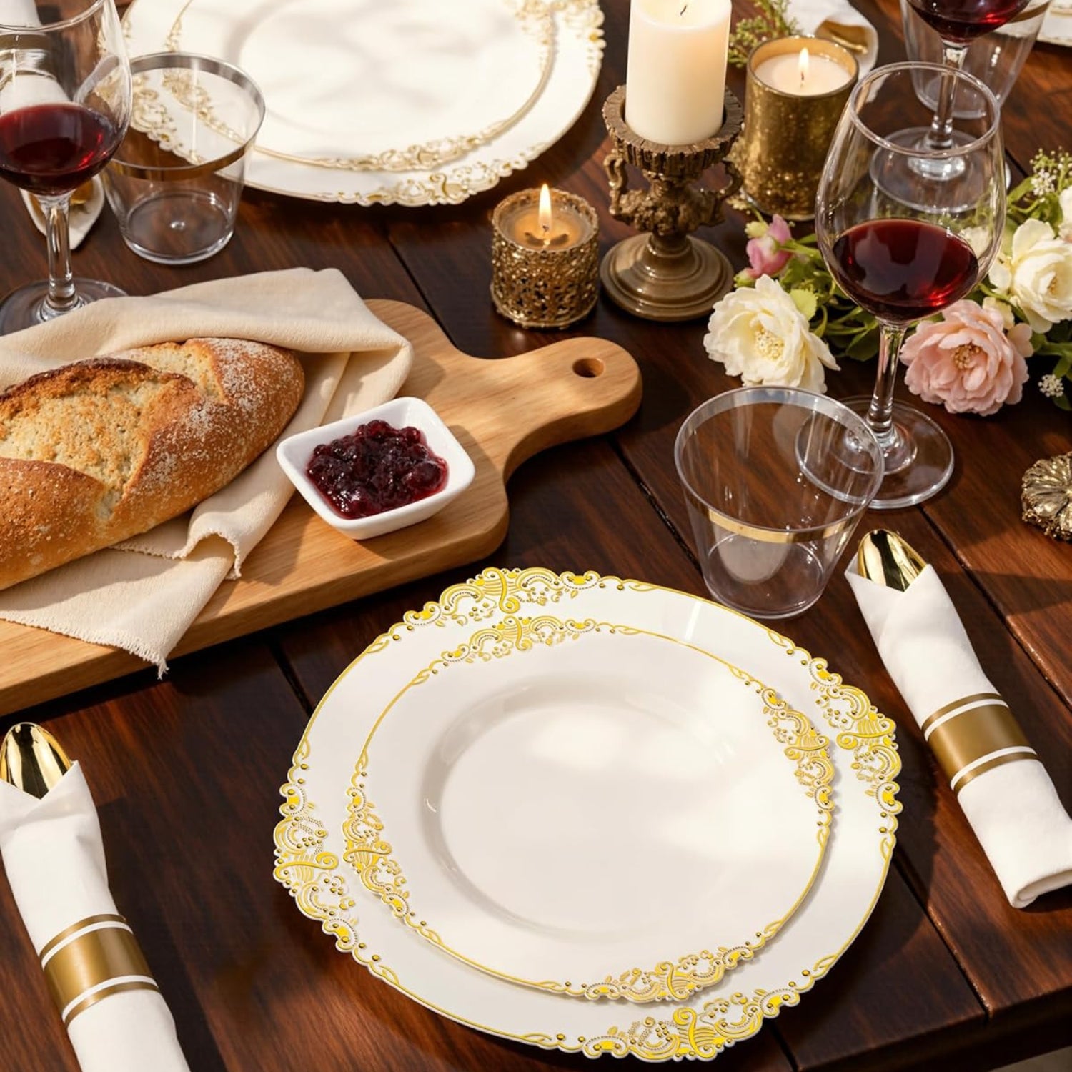 Set of 350 ivory plastic dinner plates with gold accents by Nervure, ideal for 50 guests at parties or events.
