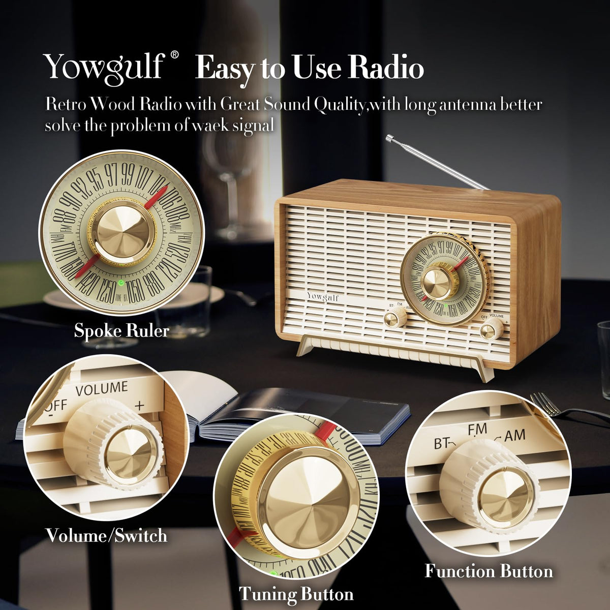 AM FM Radio Classic Retro Wood Table Bluetooth Speaker Plug - YOWGULF Official Imagery - 4