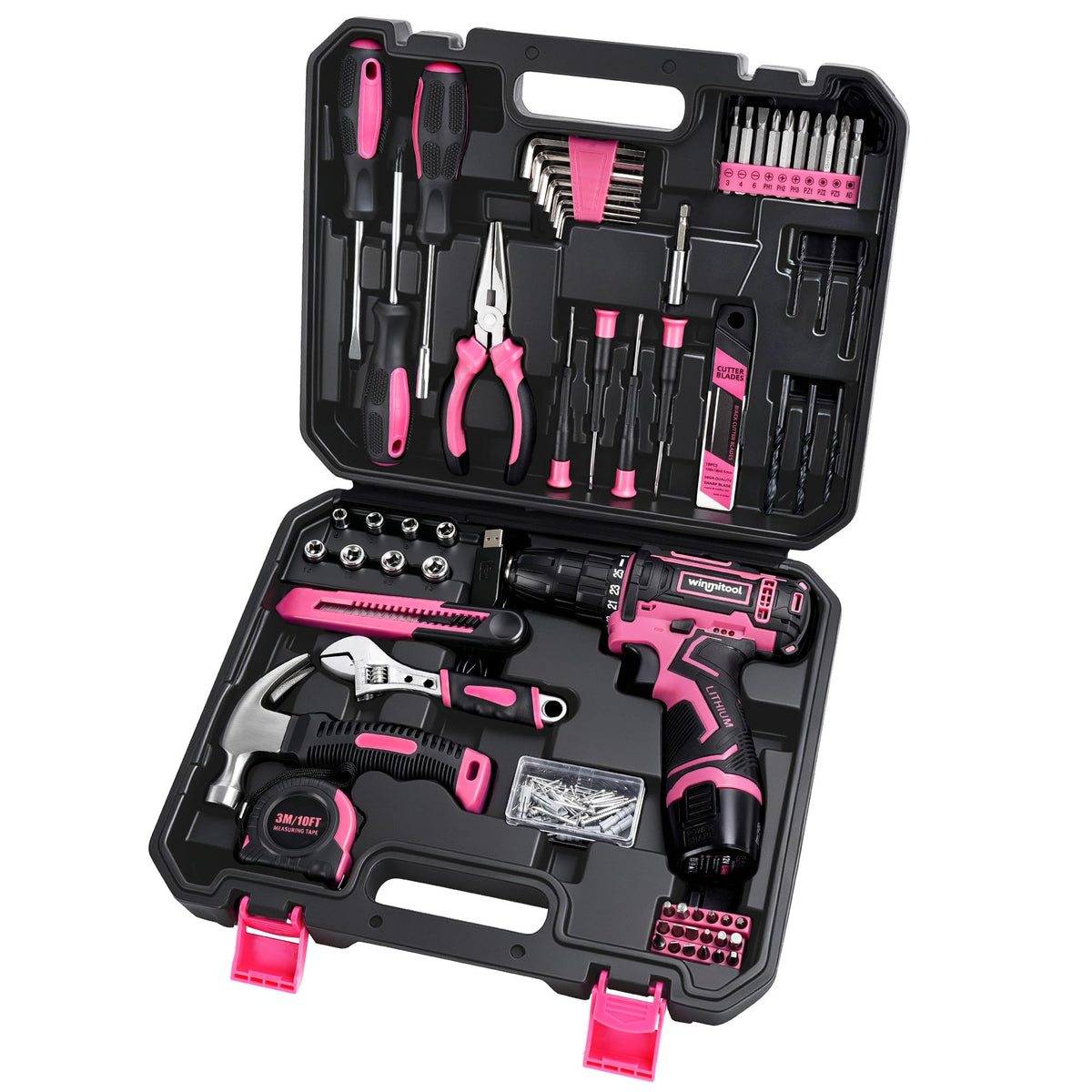 153 Piece Home Tool Set with 12V Pink Cordless Drill Hand - winmitool Official Imagery - 1