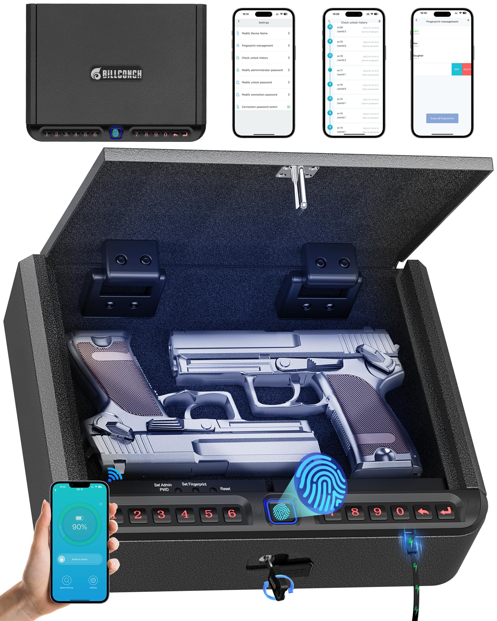 BILLCONCH Gun Safe for Handgun with Fingerprint, App, 0–9 Numeric Keypad - BILLCONCH Official Product View 1