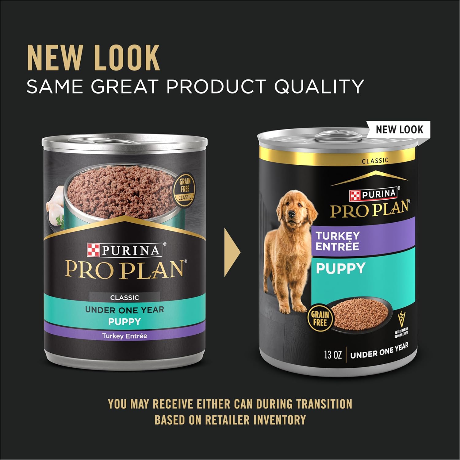 Elefair Purina Pro Plan grain-free wet puppy food cans with classic turkey entrée, 13 oz each, pack of 12.