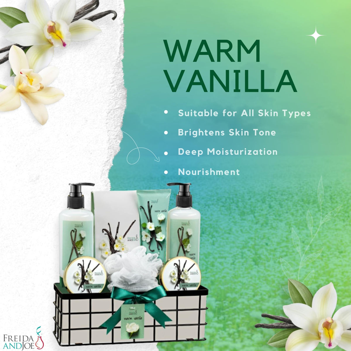 Warm Vanilla Bath and Body Gift Basket for Women Men Spa - Freida and Joe Official Imagery - 7