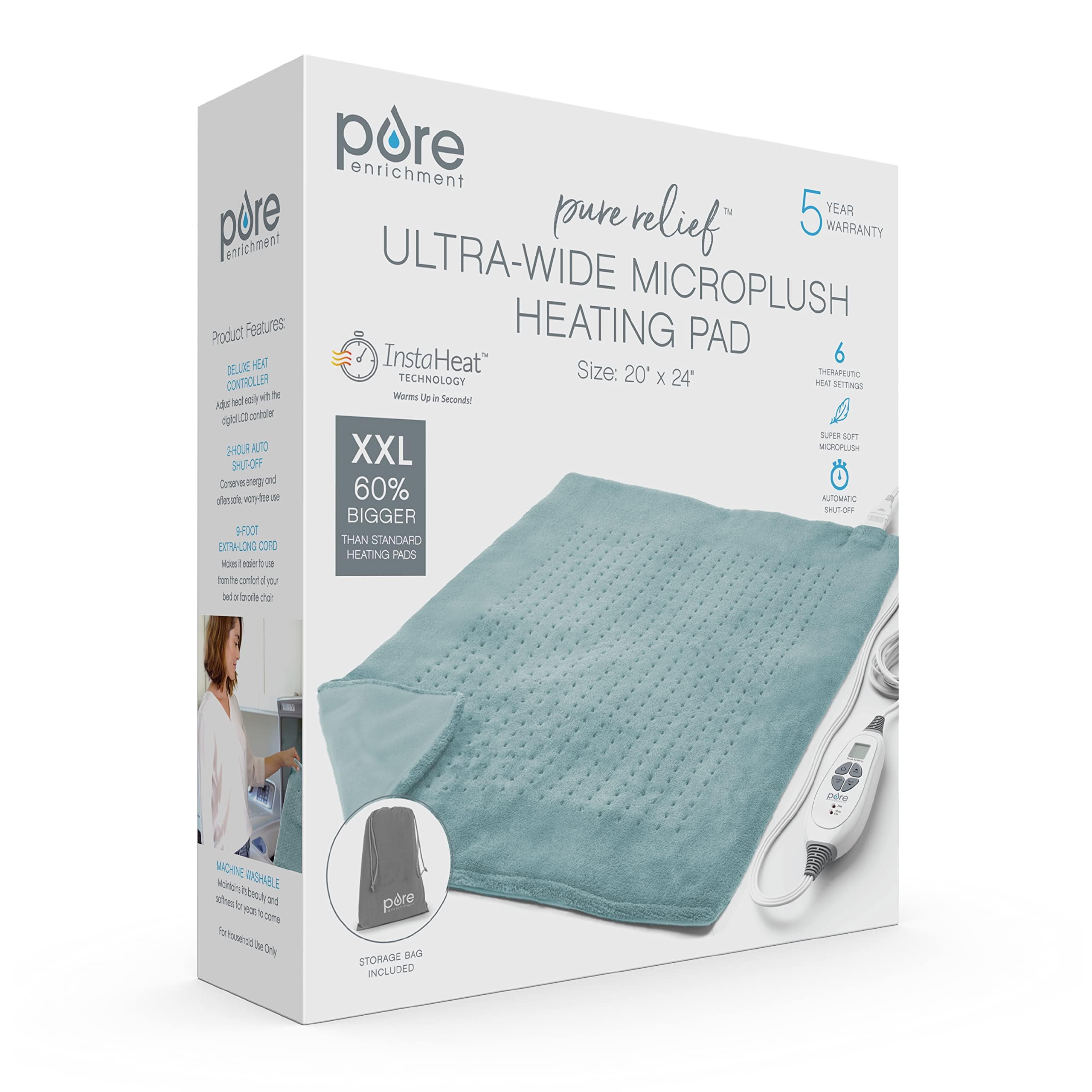 Pure Enrichment PureRelief Ultra-Wide Microplush Heating Pad - 20” x 24” XXL Size & 6 Heat Settings for Temporary Neck, Shoulder & Back Pain Relief - Moist Heat Option & Machine Washable (Sea Glass)