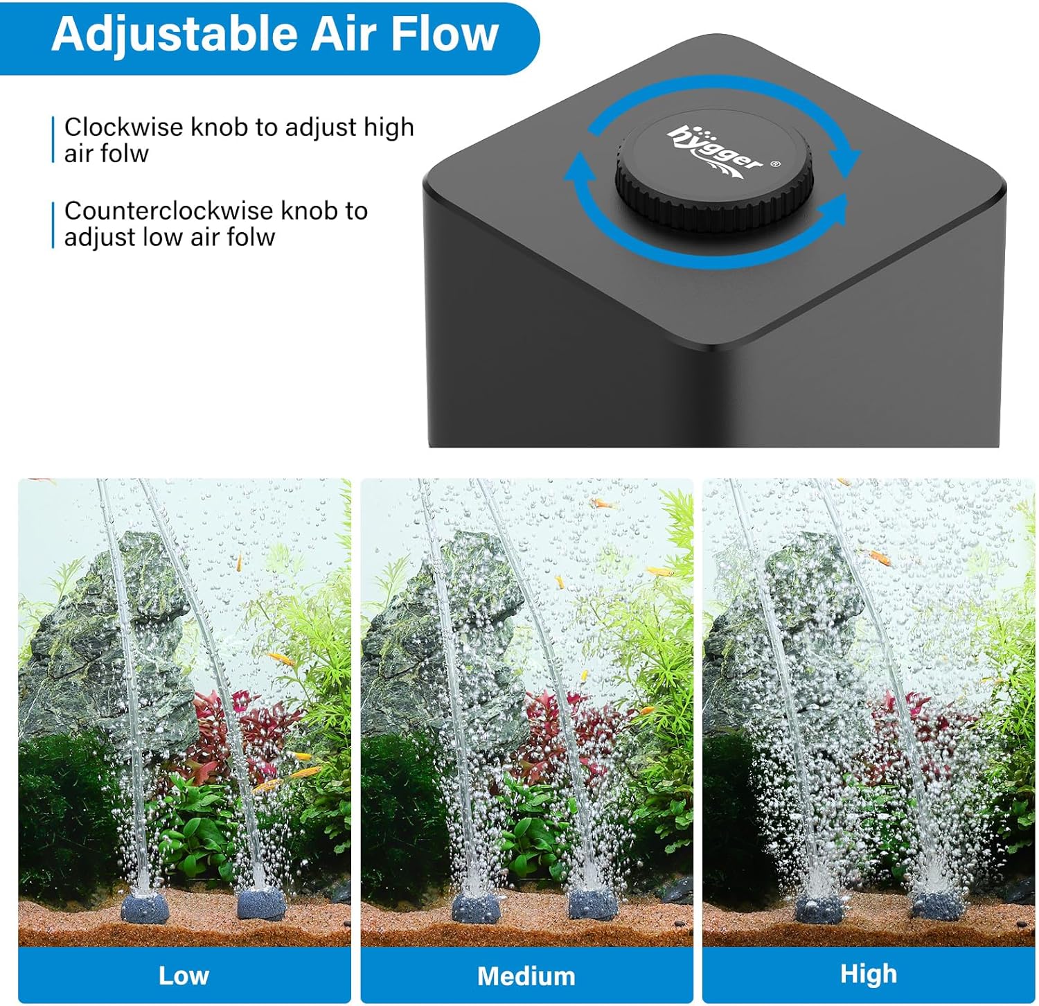 hygger aquarium air pump, 7W quiet adjustable fish tank oxygen pump with compact design and airflow vents