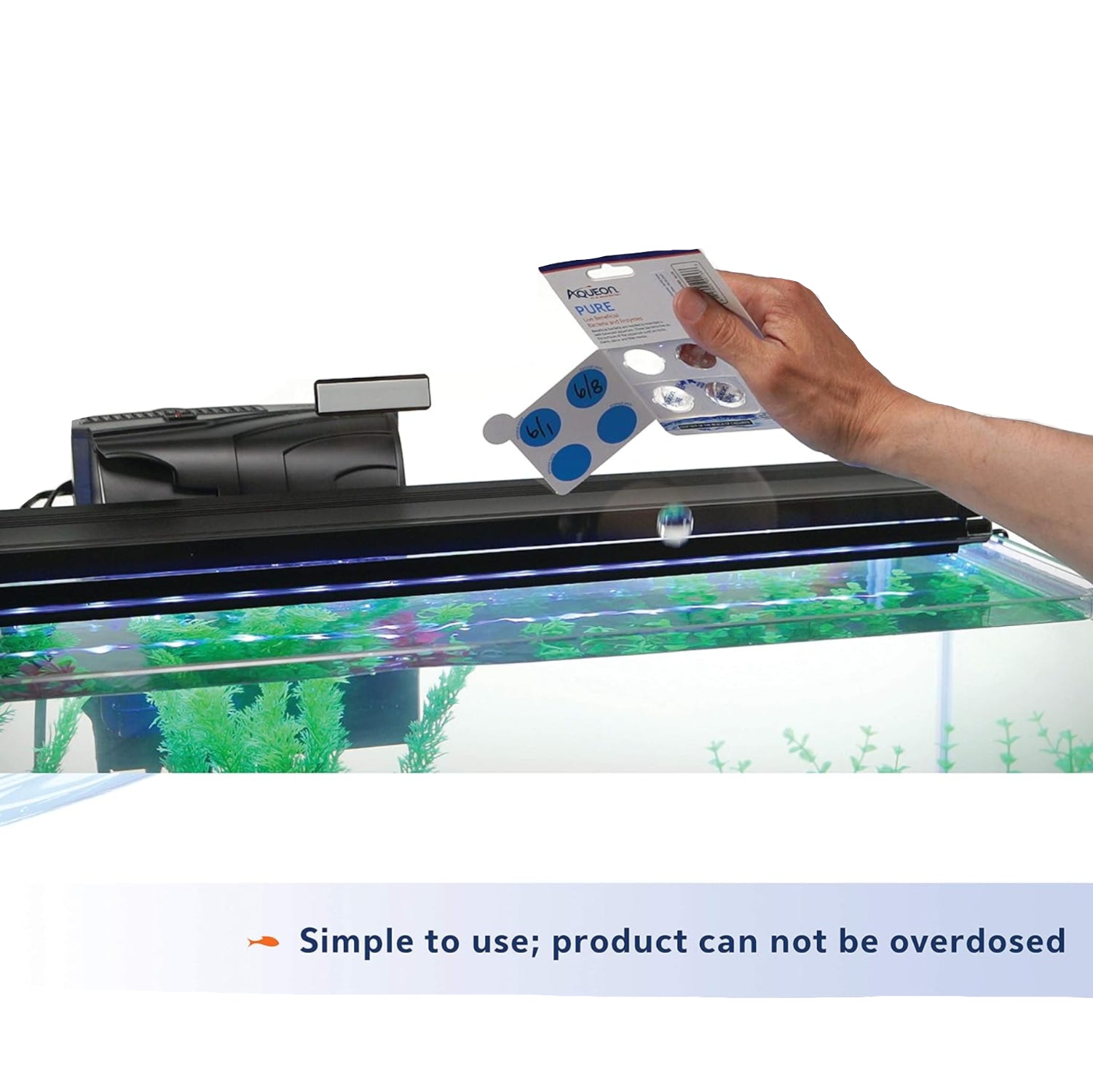 Aqueon Aquarium Pure live bacteria and enzymes water supplement pack for 10-gallon tanks, includes 12 bottles for healthy aquatic environments.