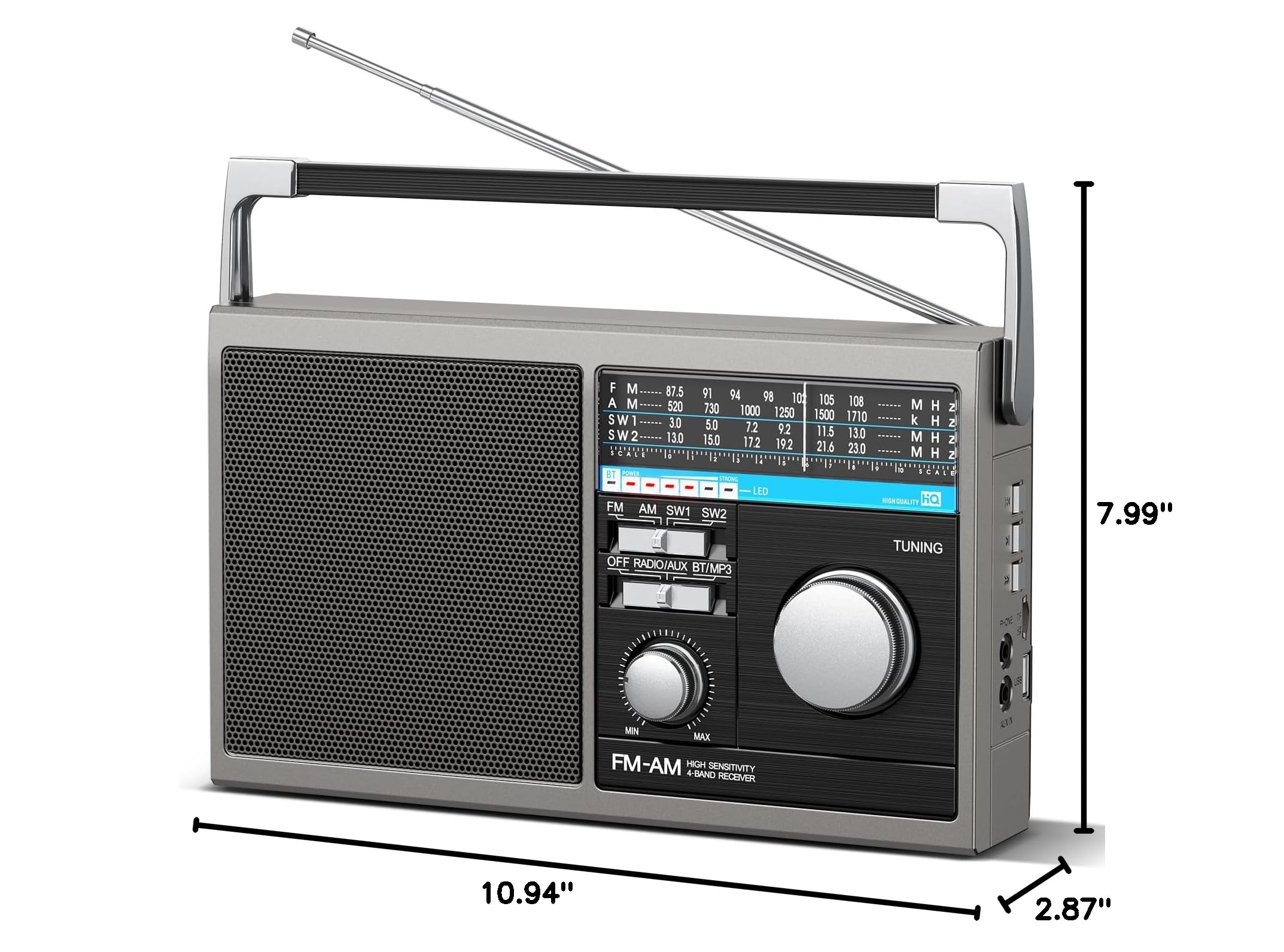 Yewrich Portable AM FM Shortwave Radio with Bluetooth, Gray