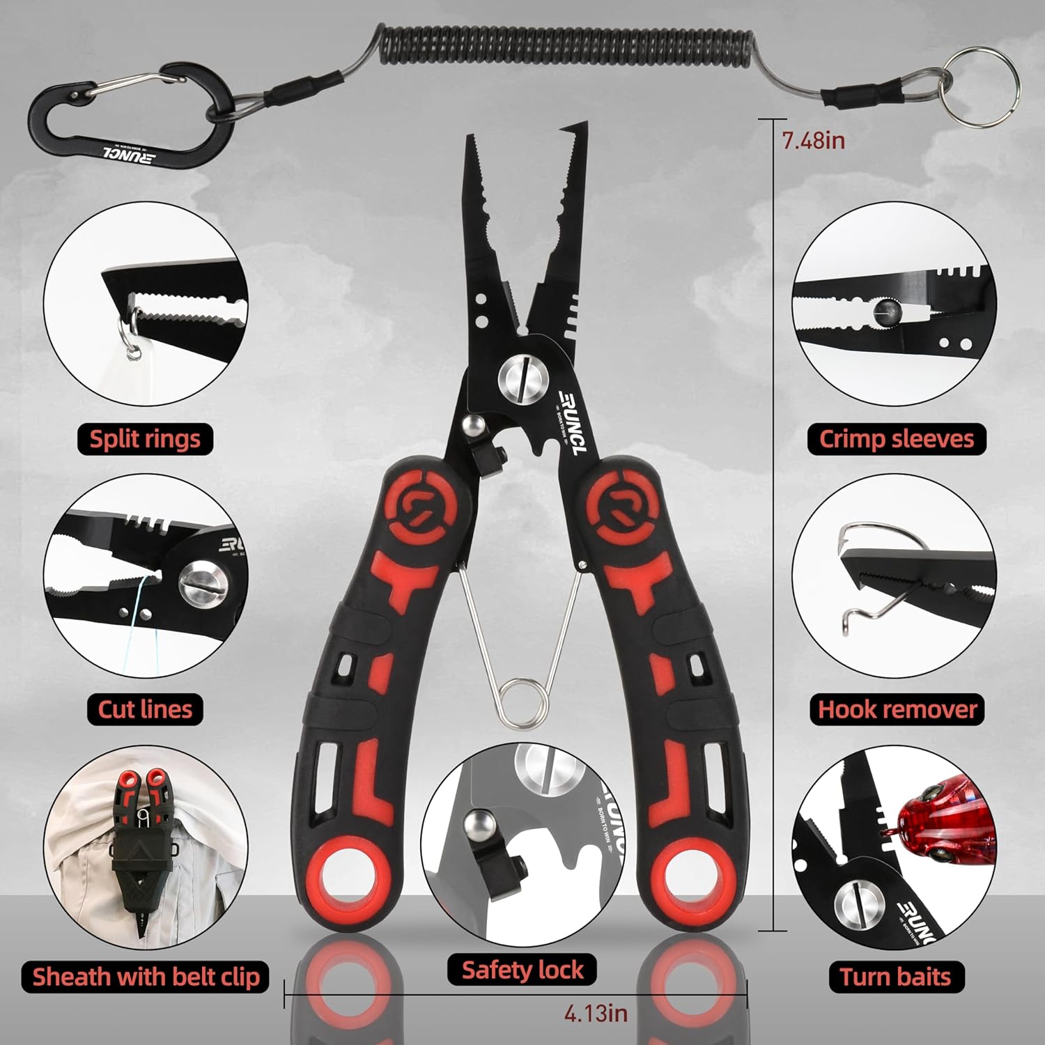 PROBITE RUNCL 4-piece fishing tool kit with fishing pliers, fillet knife with sharpener, and fish lip gripper for anglers