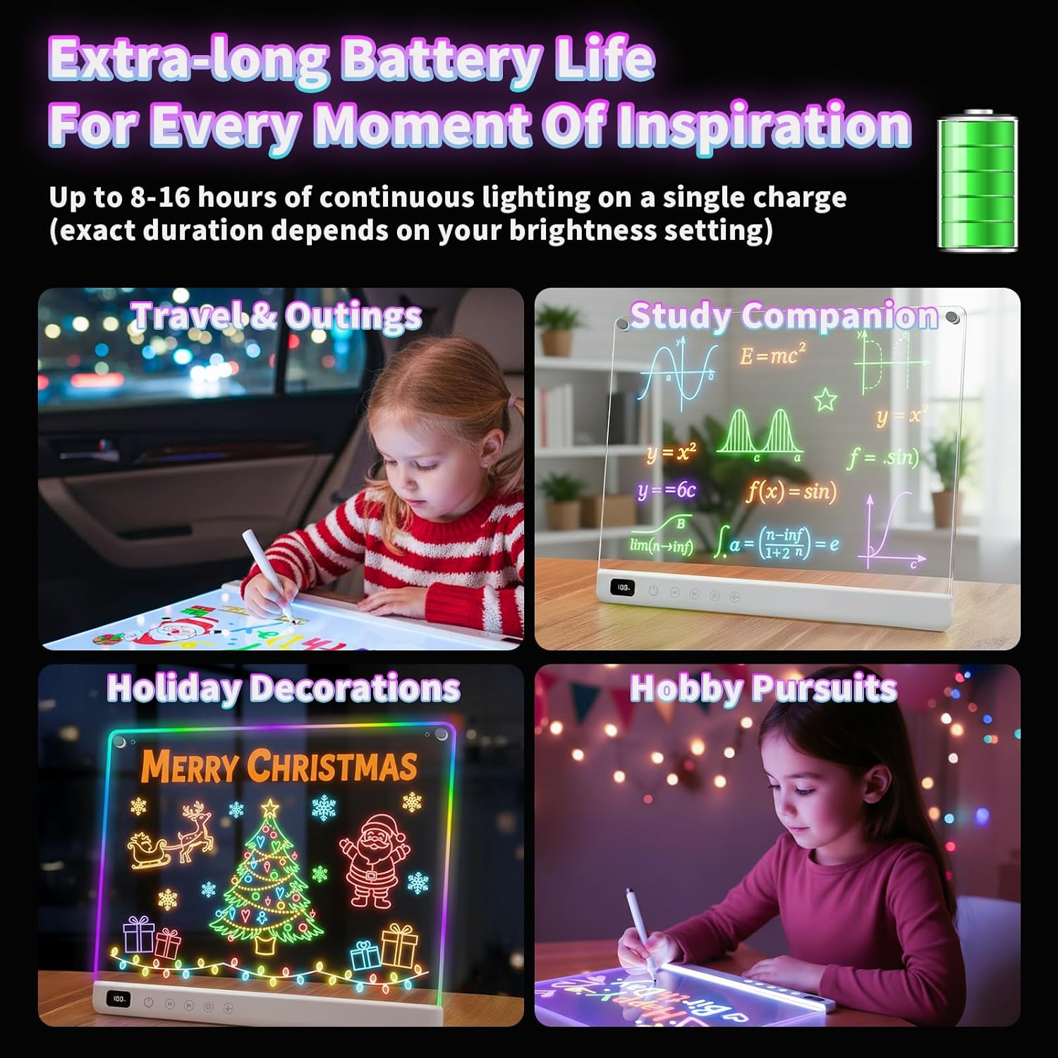 Lumiboard 16-inch LED drawing board with 13 light effects, rechargeable glow doodle note board for creative art and sketches.