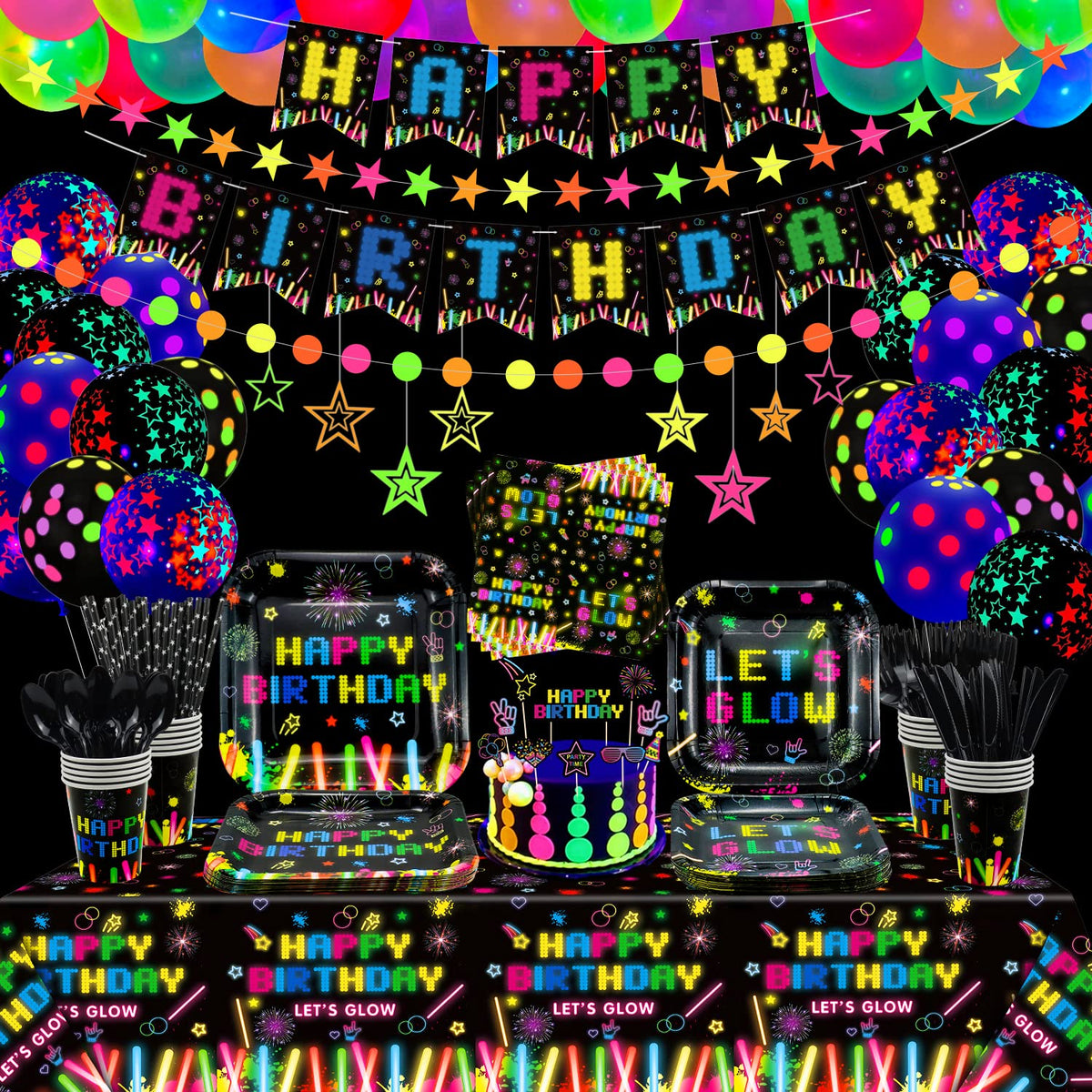 241 PCS Party Supplies Neon Glow Tableware Set - Dvaorc Official Imagery - 1