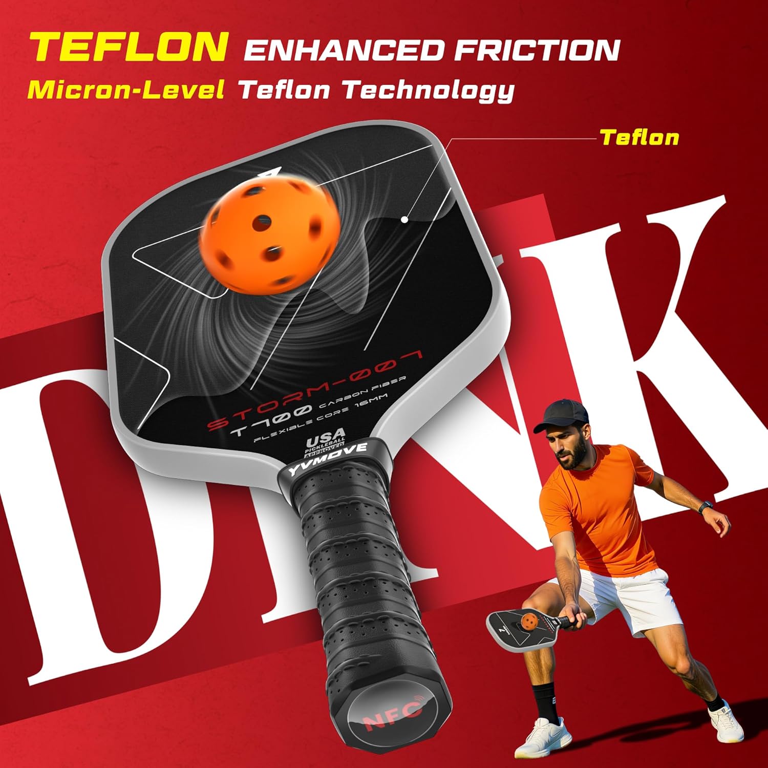 YVMOVE pickleball paddle with T700 raw carbon fiber surface and 16mm STR-Core for enhanced power and durability