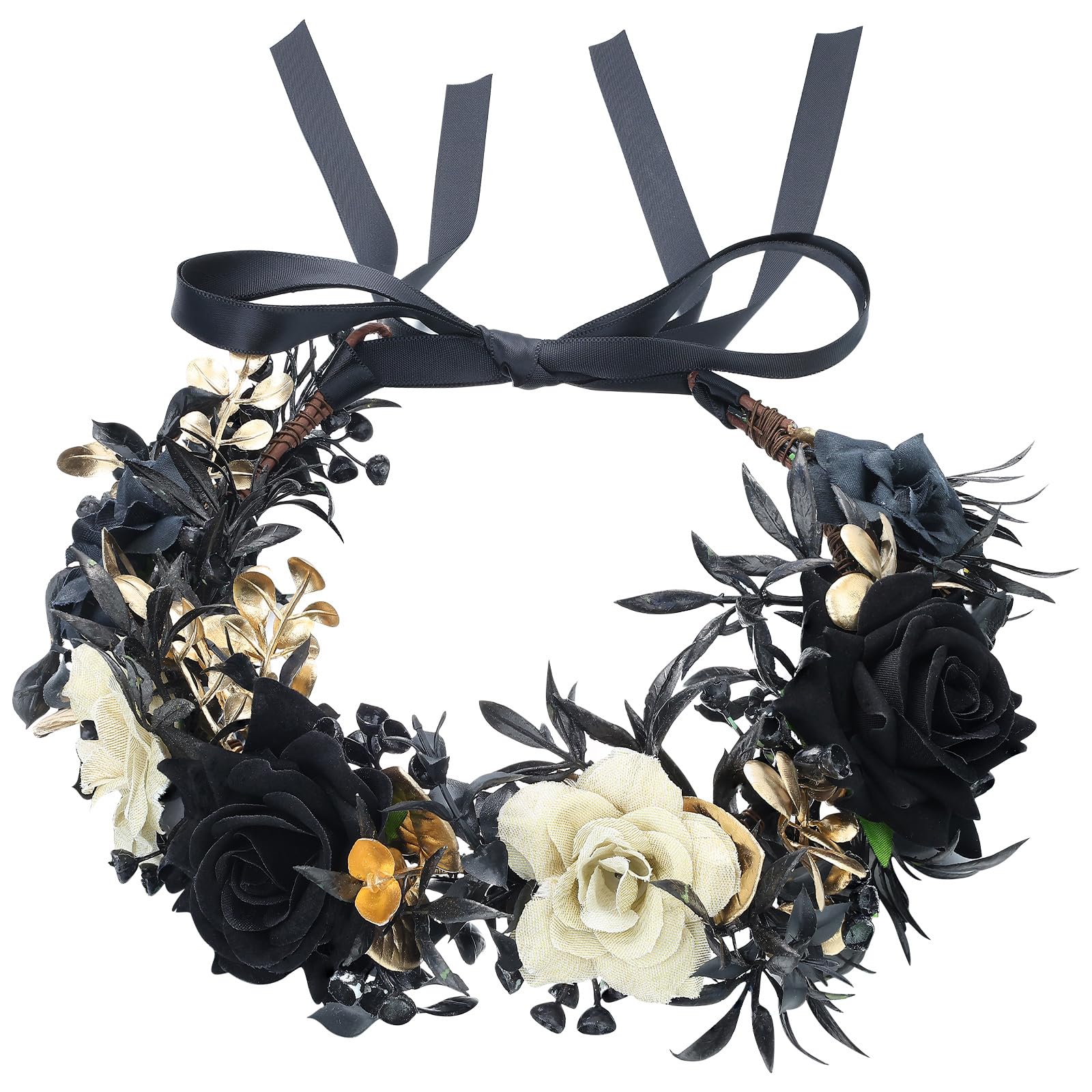 Gothic black flower crown headband with roses for women, floral wedding headpiece, stylish hair accessory by Flagogoo
