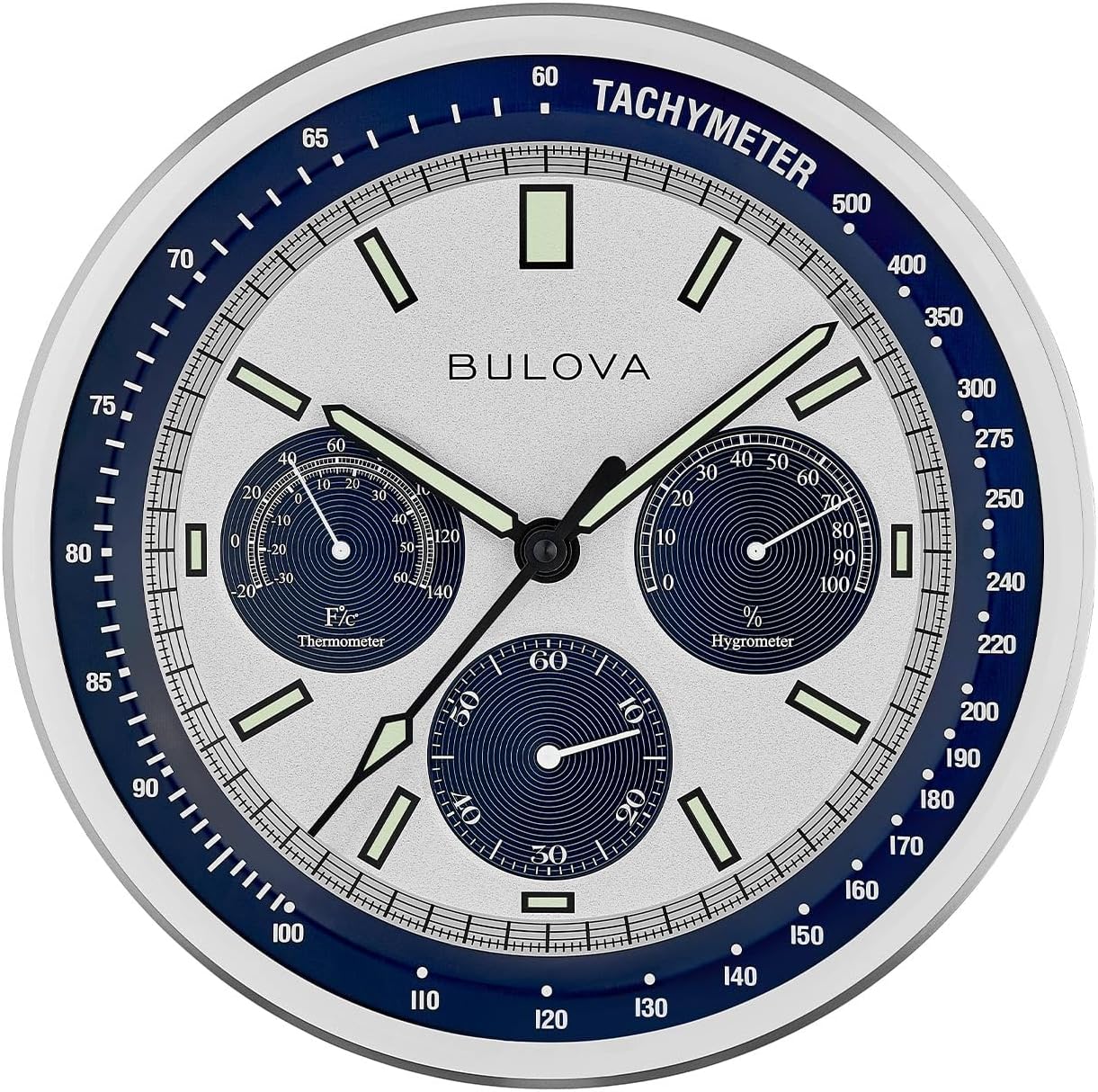Bulova Lunar Pilot wall clock in matte silver finish showing time and temperature with a sleek, modern design.