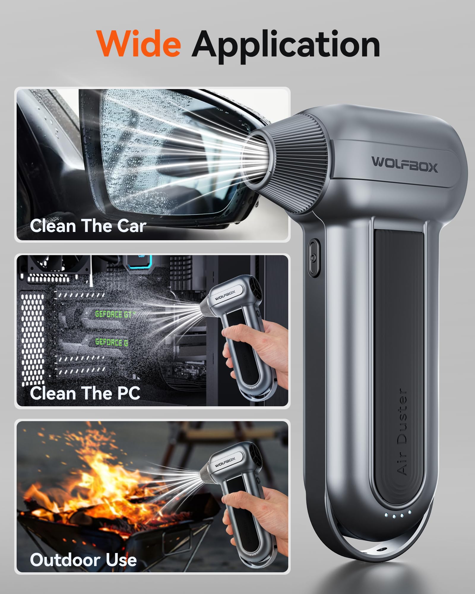WOLFBOX MF100 Compressed Air Duster, 150000RPM Turbo Fan, 45 m/s - WOLFBOX Official Product View 6