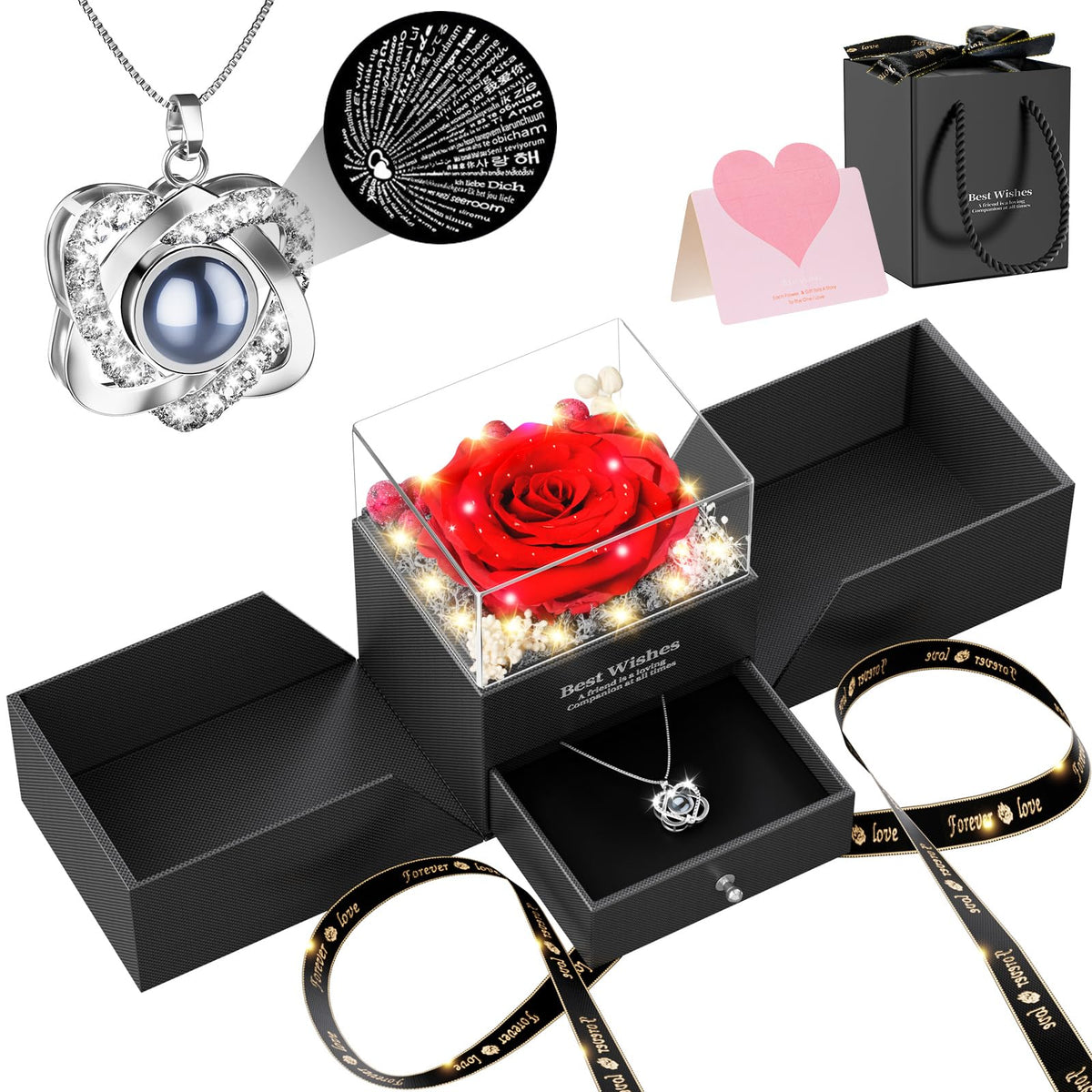Preserved Red Rose Necklace I Love You Heart Pendant Gifts - Qnxoat r Official Imagery - 2
