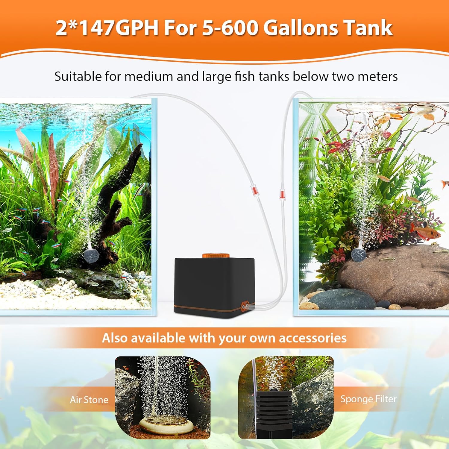 hygger strong aquarium air pump for medium to large fish tanks and hydroponic systems, with visible air outlet and durable design
