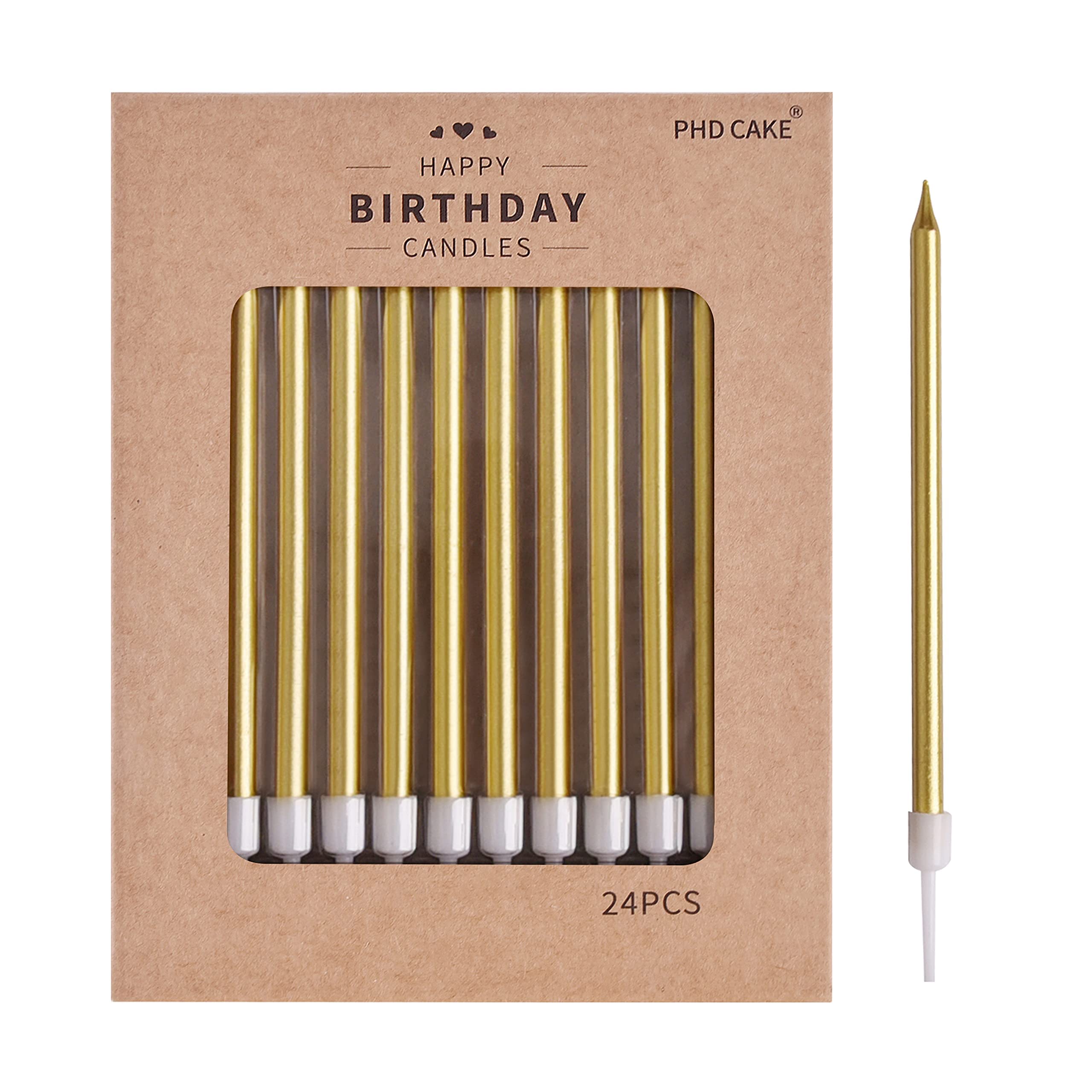 PHD CAKE Gold Long Thin Metallic Birthday Candles, Cake Candles, - Product Imagery