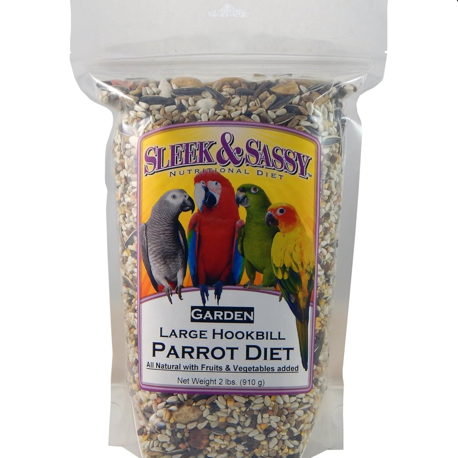 Large hookbill parrot food for large conures and amazons from SLEEK & SASSY, showing colorful seed and pellet mix in a bowl.
