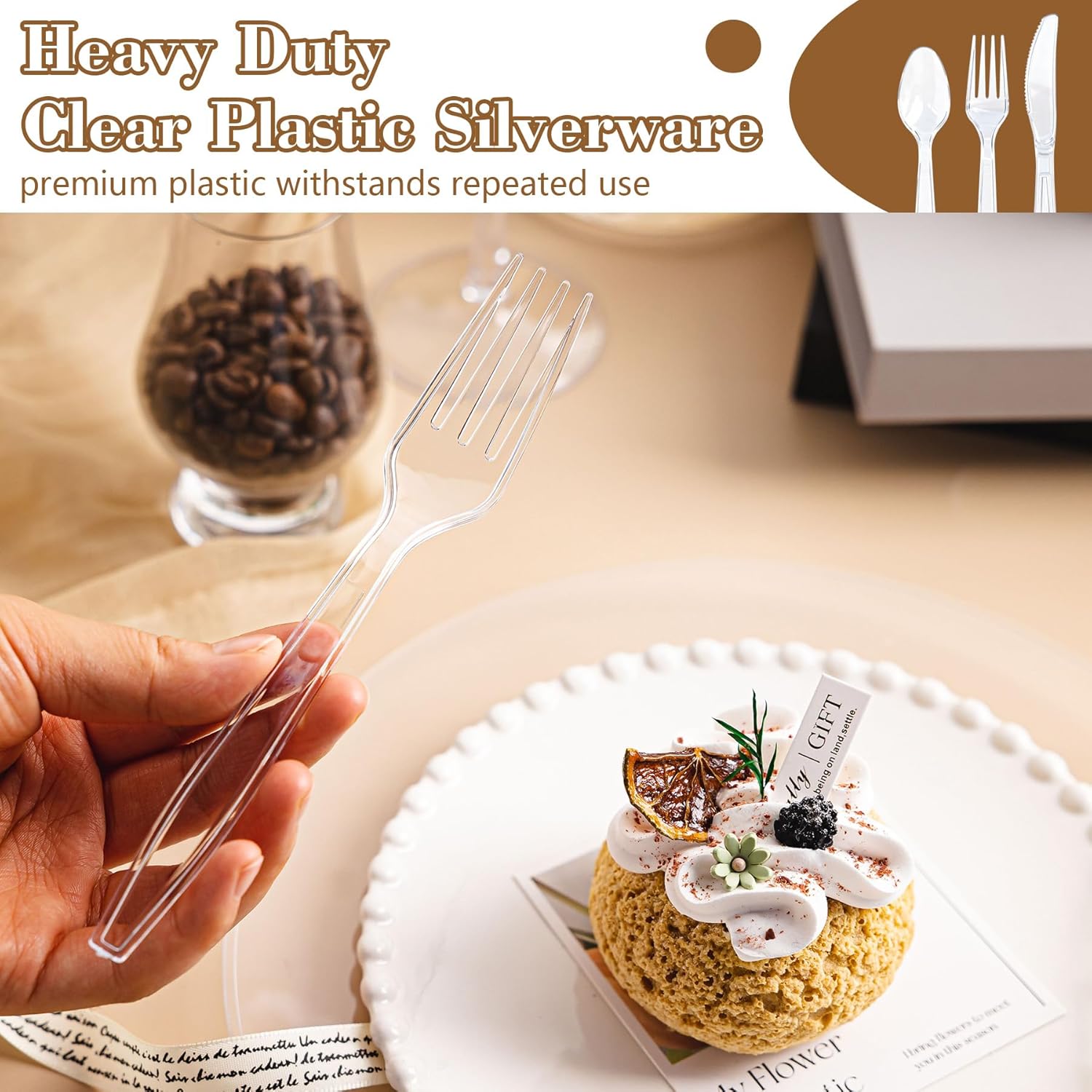 120-count heavy duty clear plastic silverware set by QualQuot with 40 forks, 40 spoons, and 40 knives, BPA-free and durable.