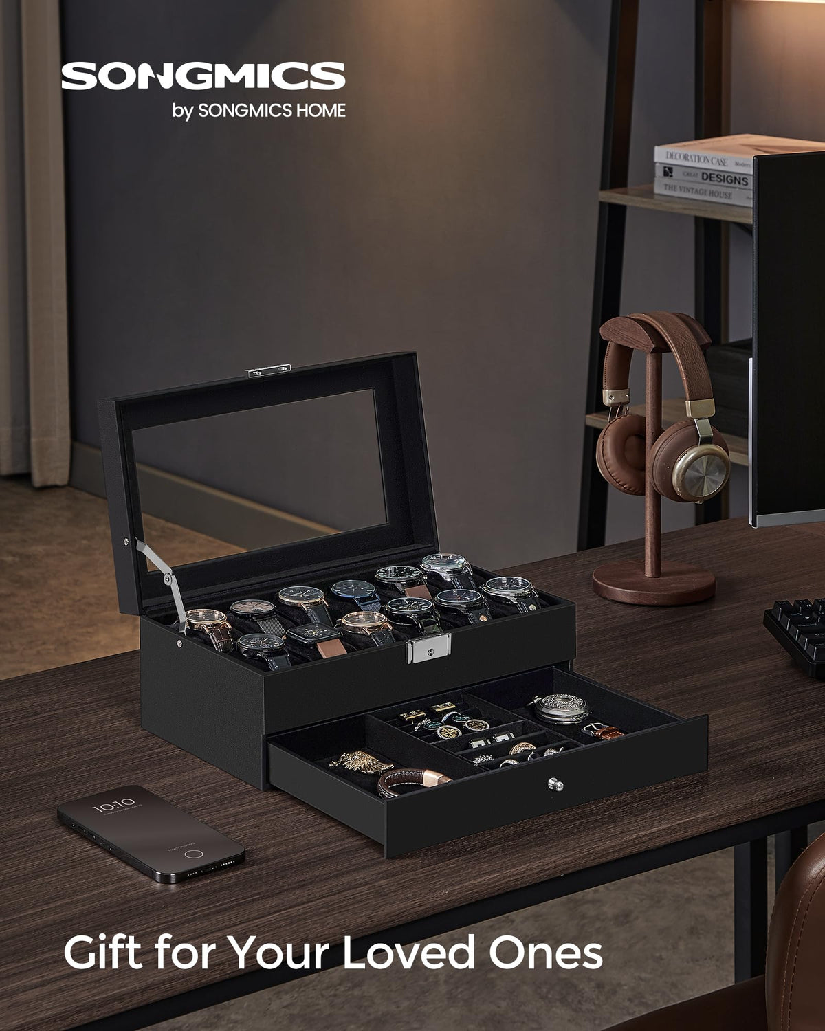 SONGMICS 12 Slot Watch Box Lockable with Glass Lid 2 Layers - SONGMICS Official Imagery - 4