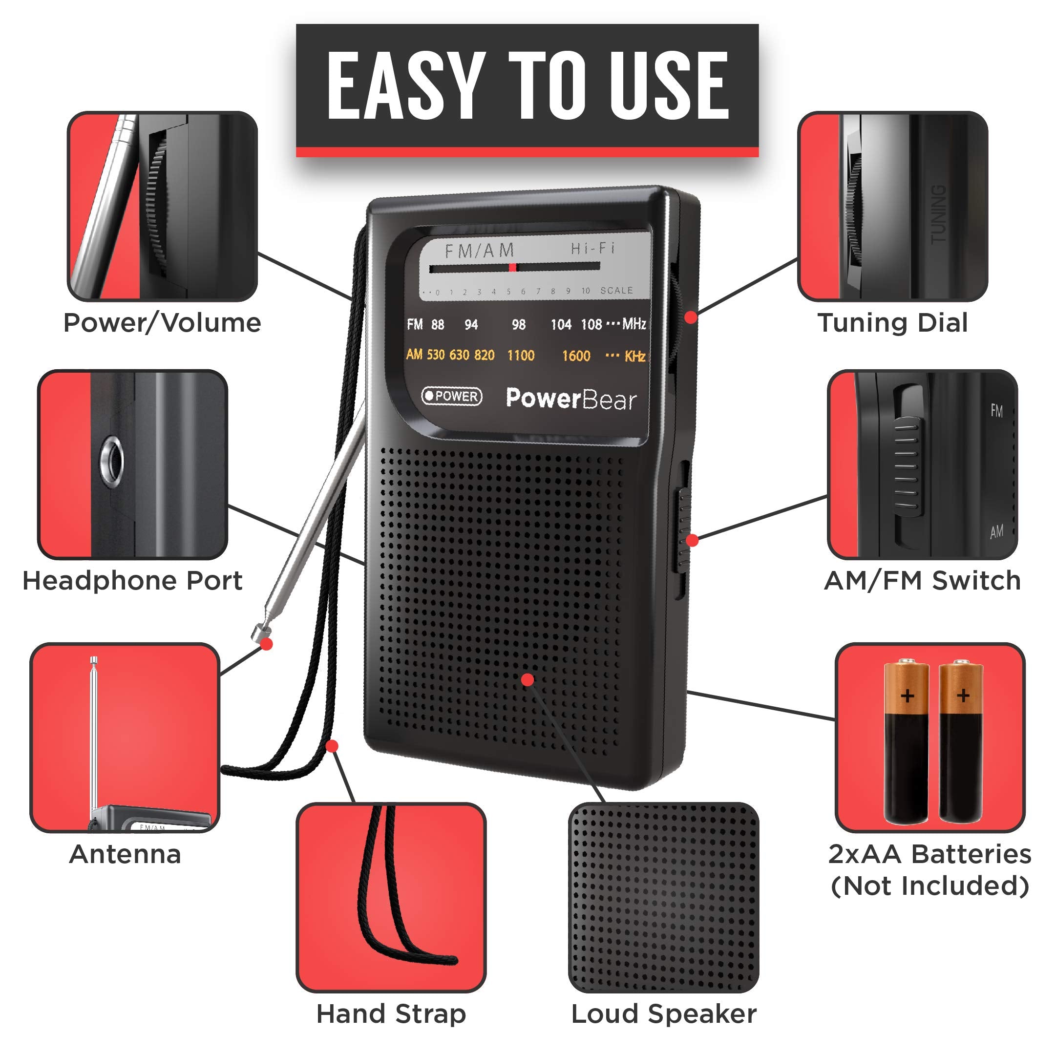 PowerBear Portable AM/FM Radio, 800Hr Battery Life, Black