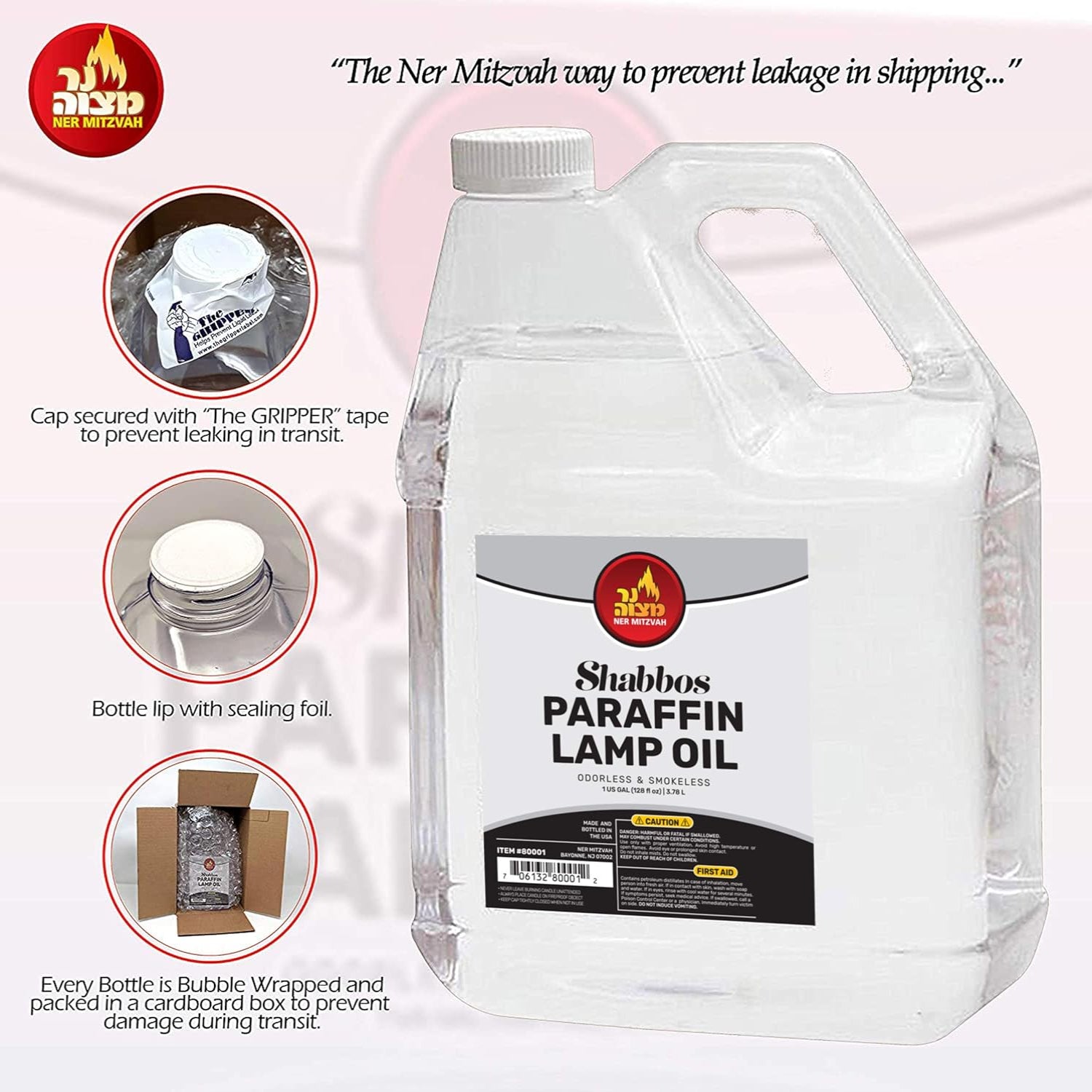 Clear, smokeless 1-gallon Ner Mitzvah paraffin lamp oil in a bottle, odorless and clean burning fuel for lamps.