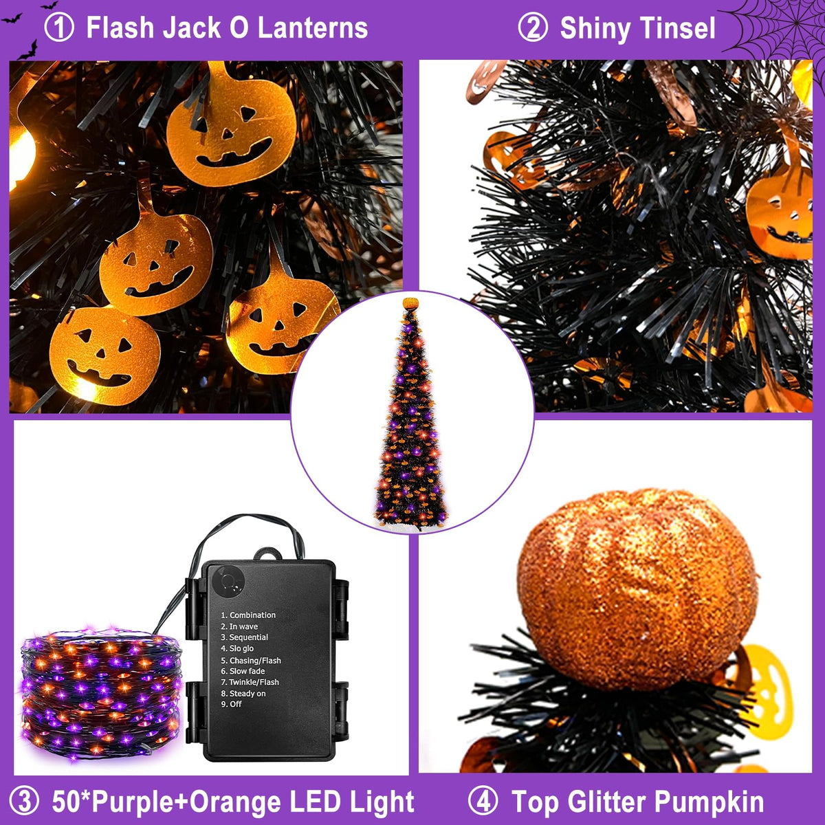 TURNMEON 5Ft Black Tinsel Halloween Tree with Lights - TURNMEON Official Imagery - 7