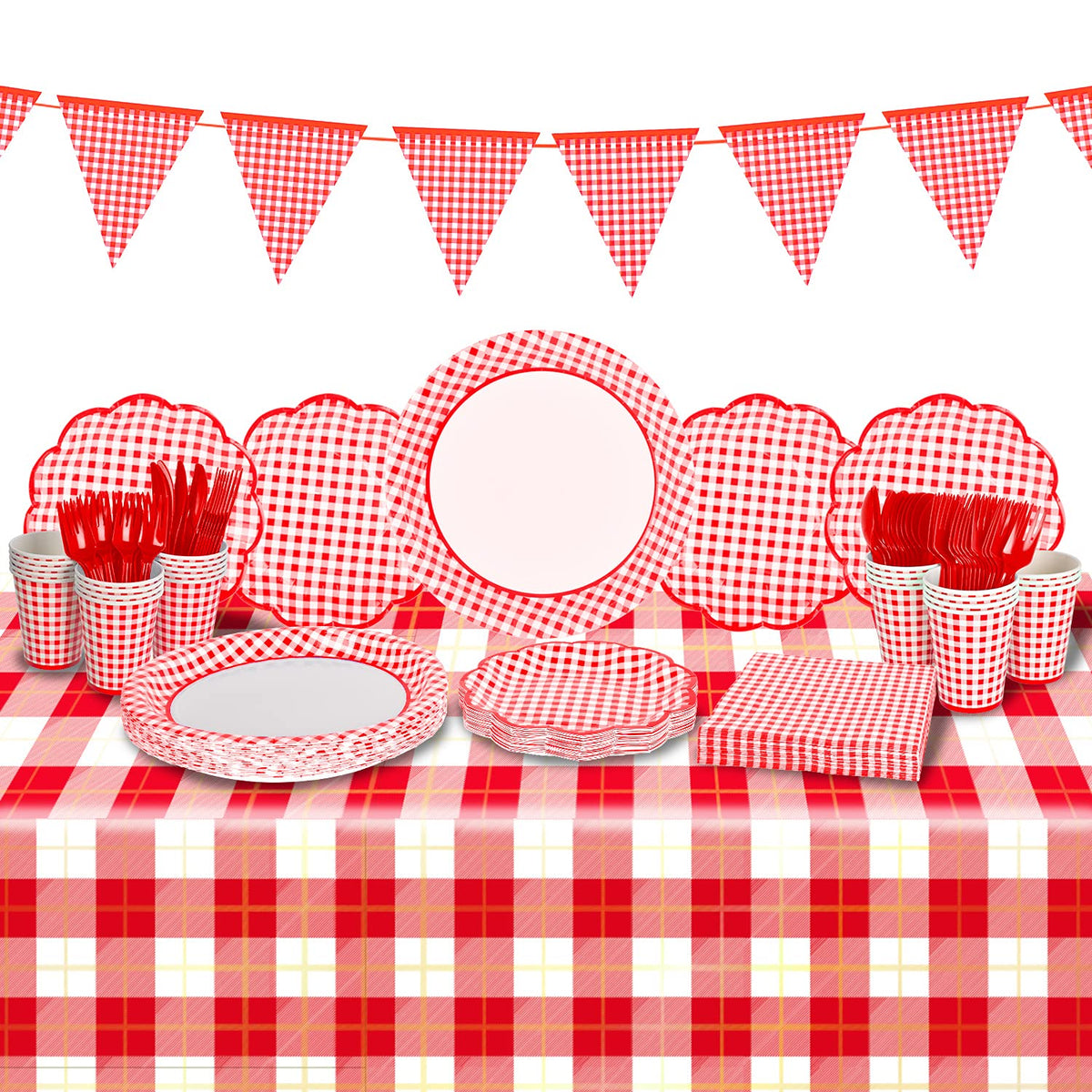 Gatherfun Gingham Red and White Party Supplies Disposable - Gatherfun Official Imagery - 1
