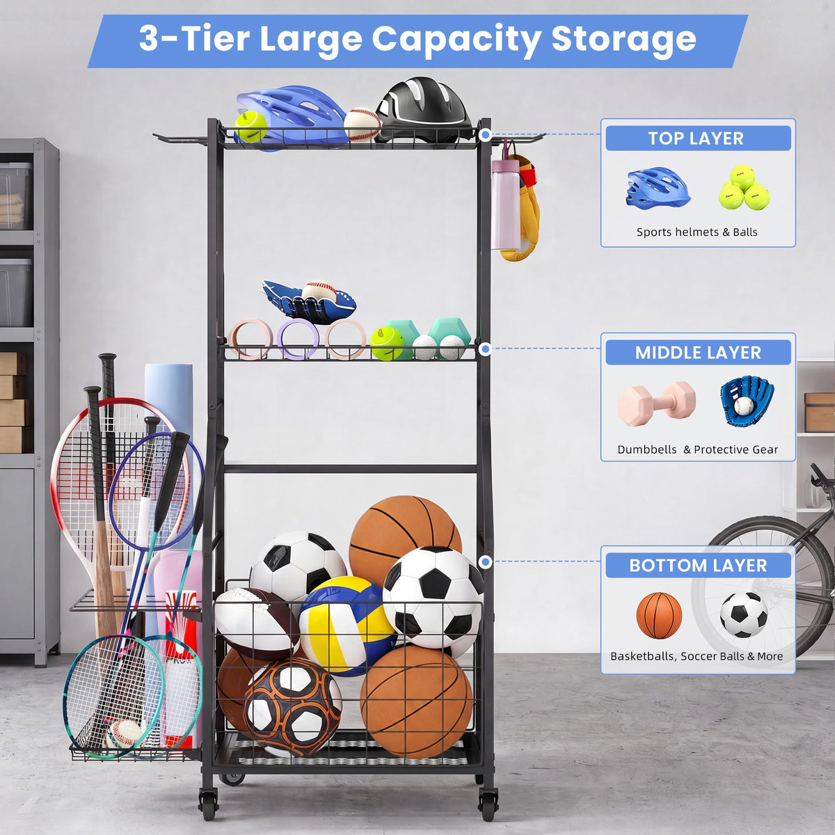 Garage Ball Storage Sports Equipment Organizer with Bat Rack - ClookRack Official Imagery - 4