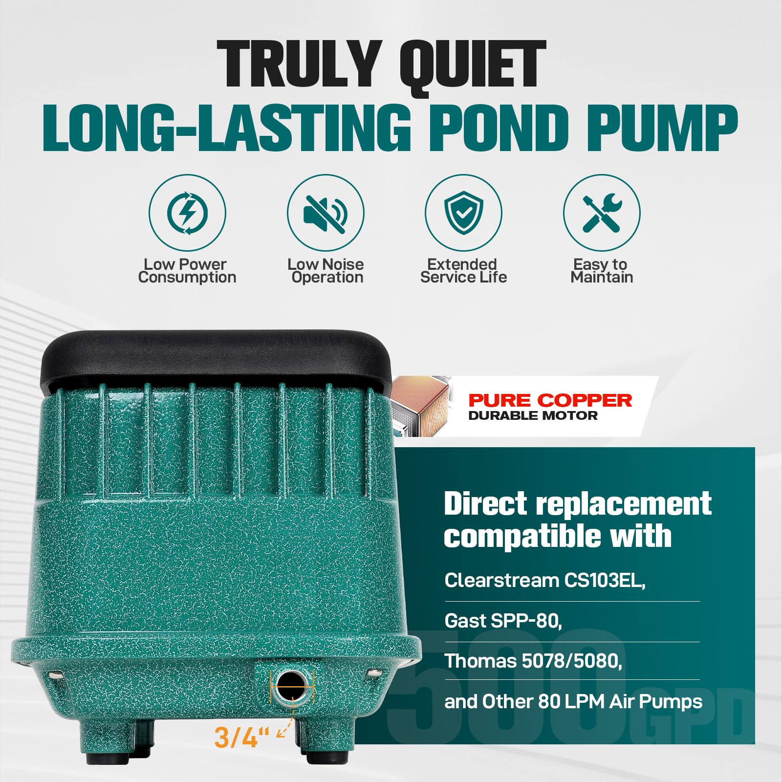 Pumpoasis PA-80 Quiet Septic Aerator Pump,Pond Aerator,5-Year War - Pumpoasis Official Product View 3