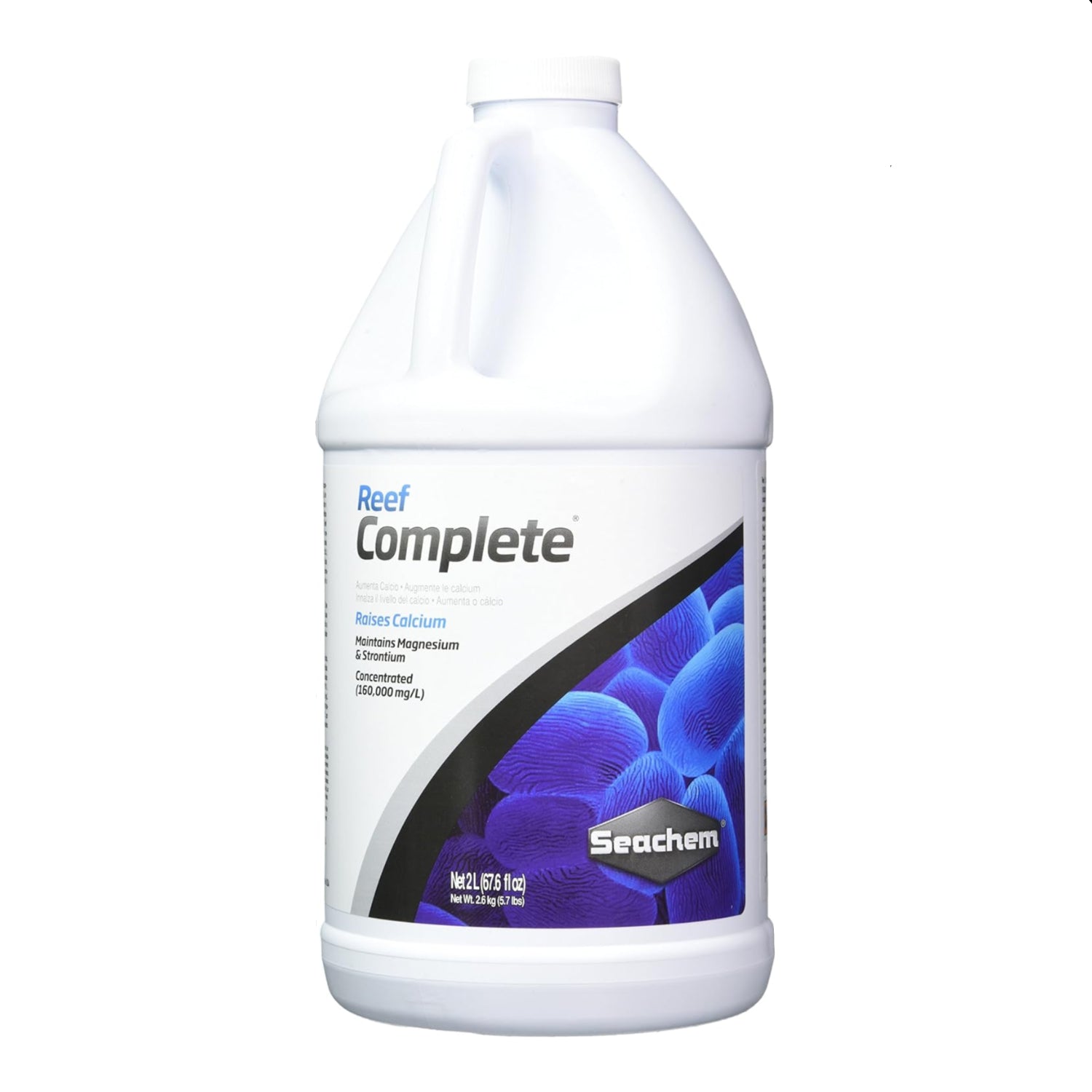 Seachem Reef Complete 2L bottle of marine aquarium supplement with clear liquid, designed to support reef tank health and growth.