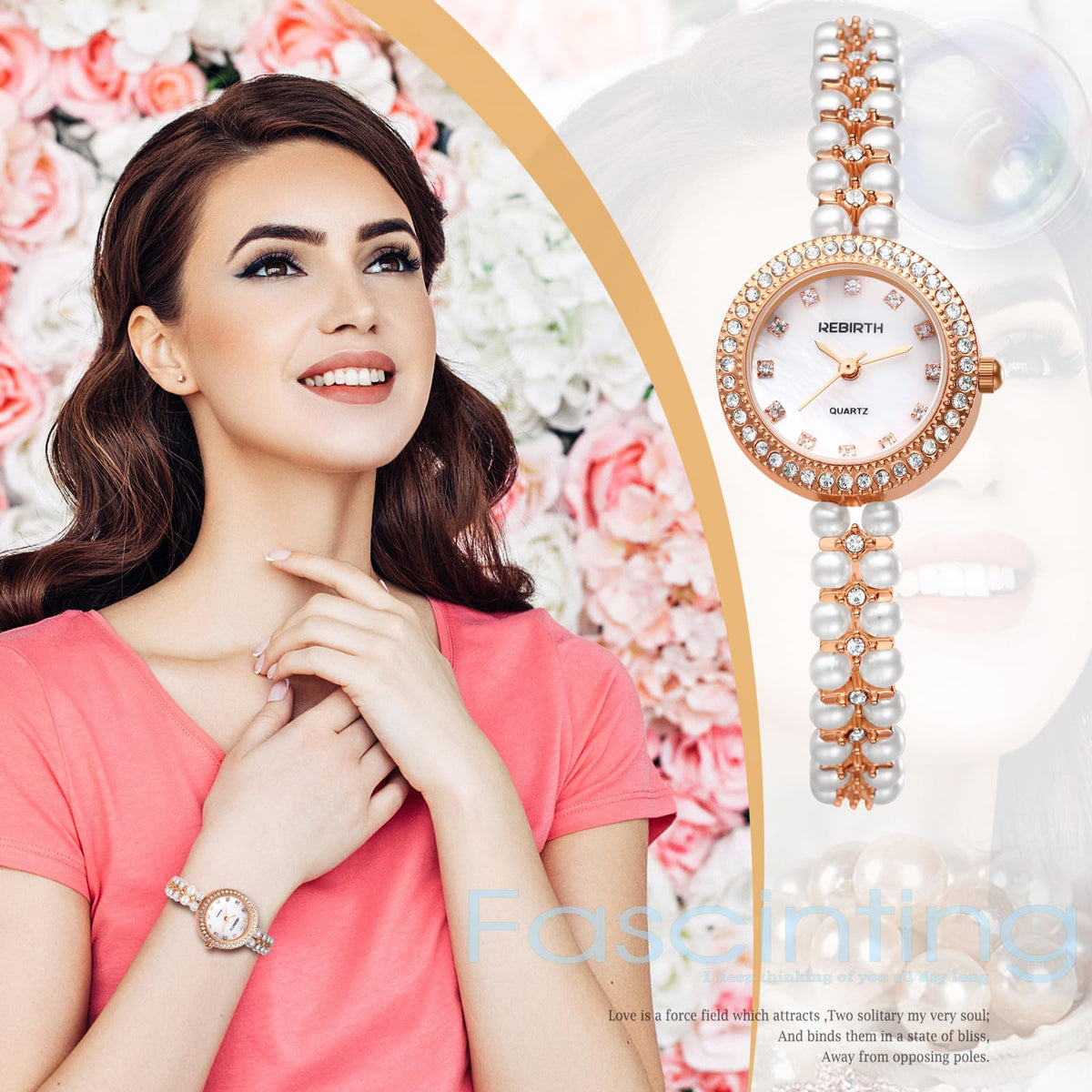 JewelryWe Womens Iced Out Pearl Watch Round Analog Quartz - JewelryWe Official Imagery - 7