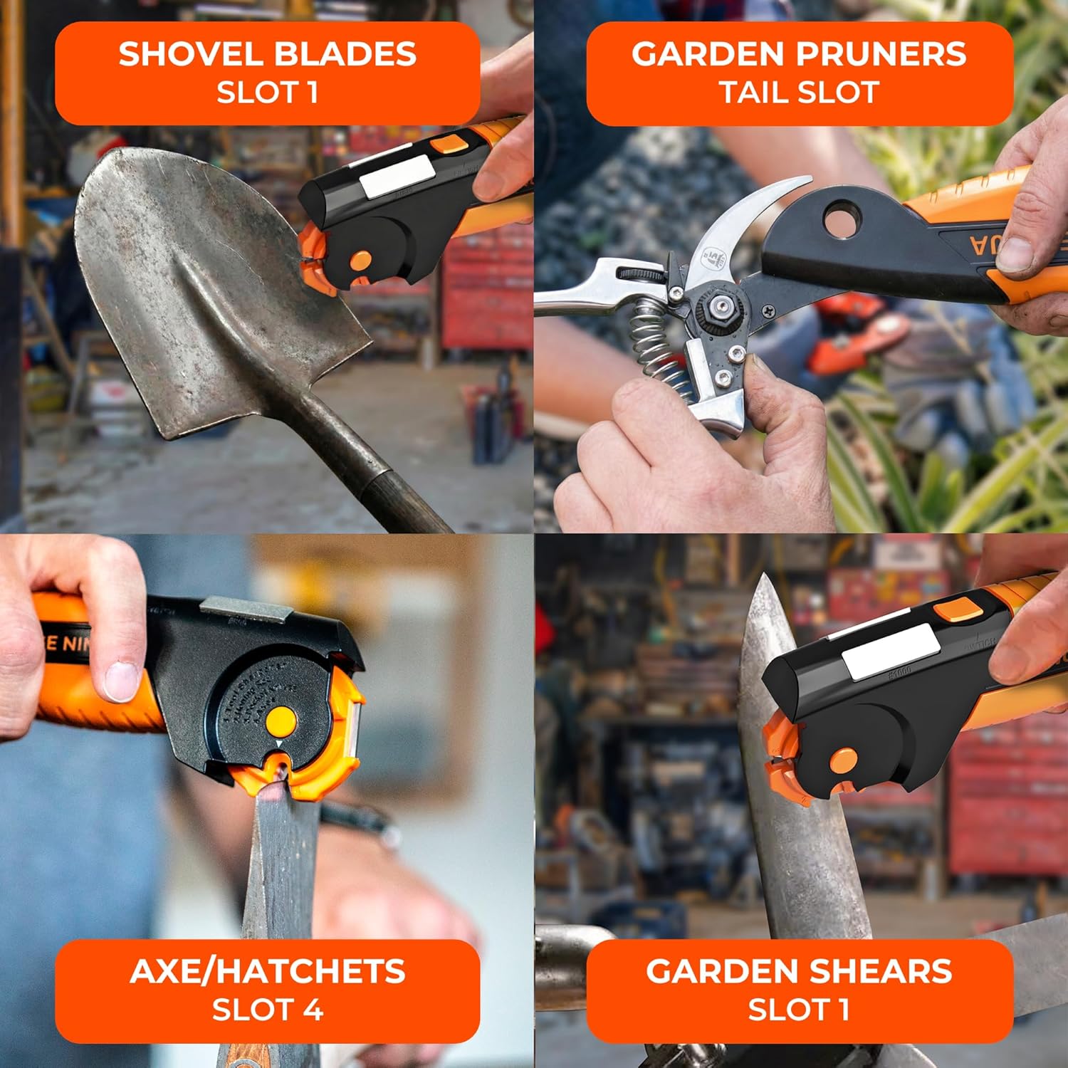 Orange Ninja 7-in-1 garden tool and knife sharpener by Sharp Pebble, designed for sharpening axe, hatchet, and machete blades.