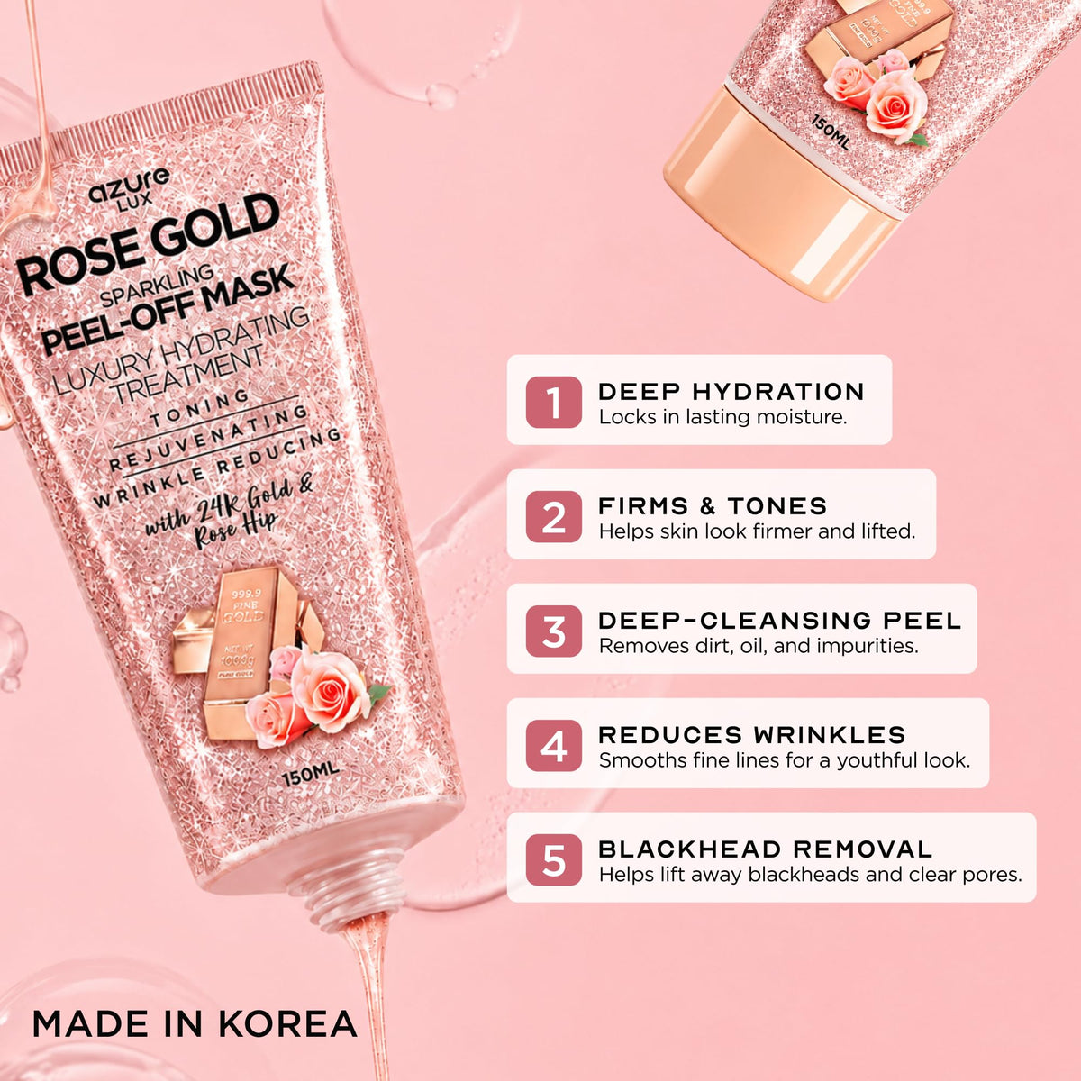 Rose Hip Oil 24k Gold Peel Off Face Mask Anti Wrinkle Korean - Azure Cosmetics Official Imagery - 4