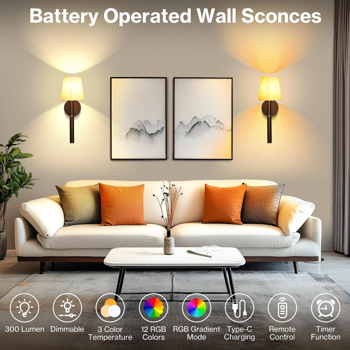Battery Operated Wall Sconce Set of 2 5200mAh RGB Wireless - Bawoo Official Imagery - 3