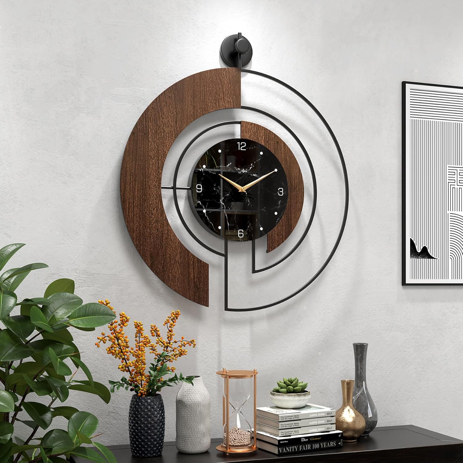 Modern walnut and marble dial wall clock by VIVIFLYSE with a large wood and metal frame, silent movement.