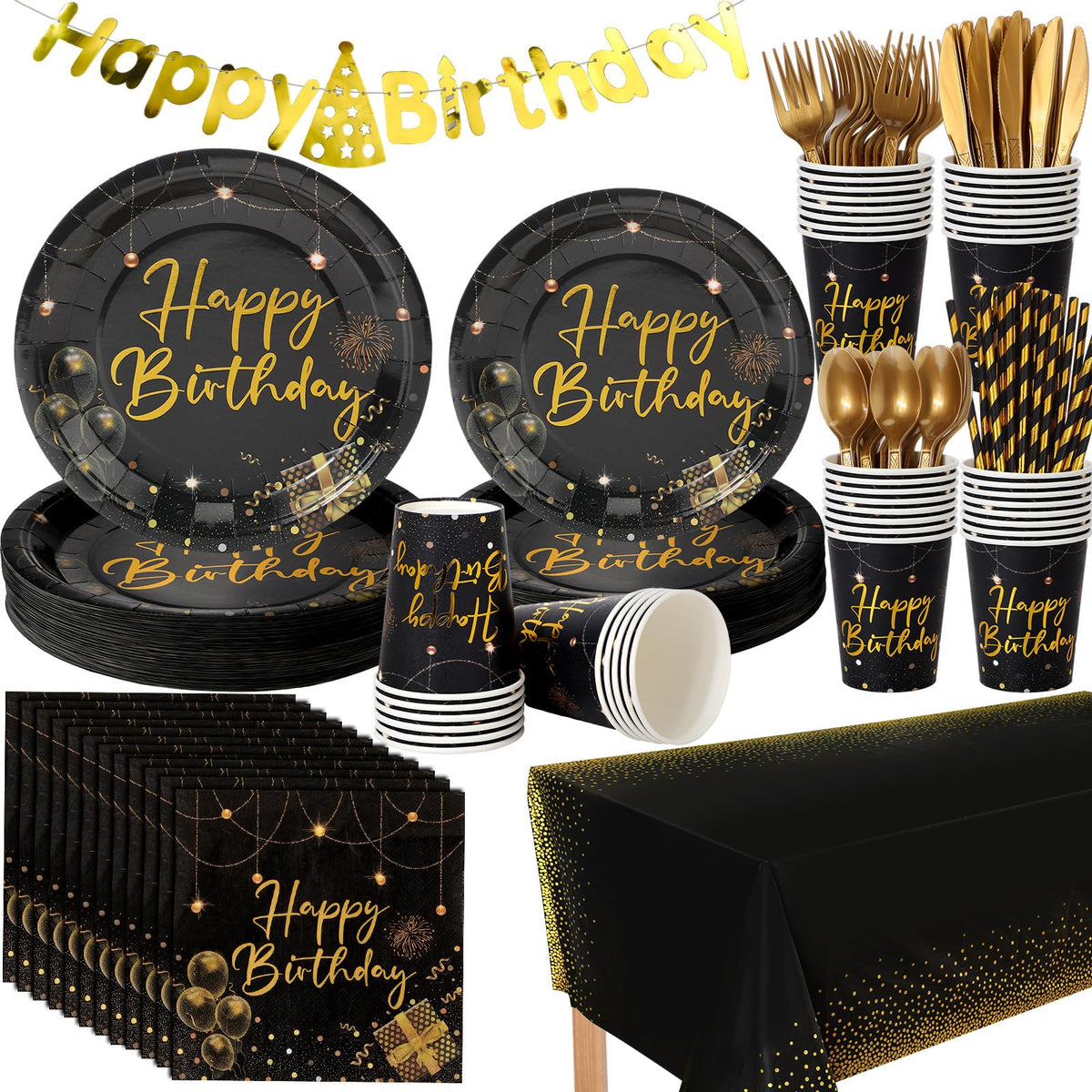 Sawysine 202 Pcs Black and Gold Birthday Supplies Disposable - Sawysine Official Imagery - 1