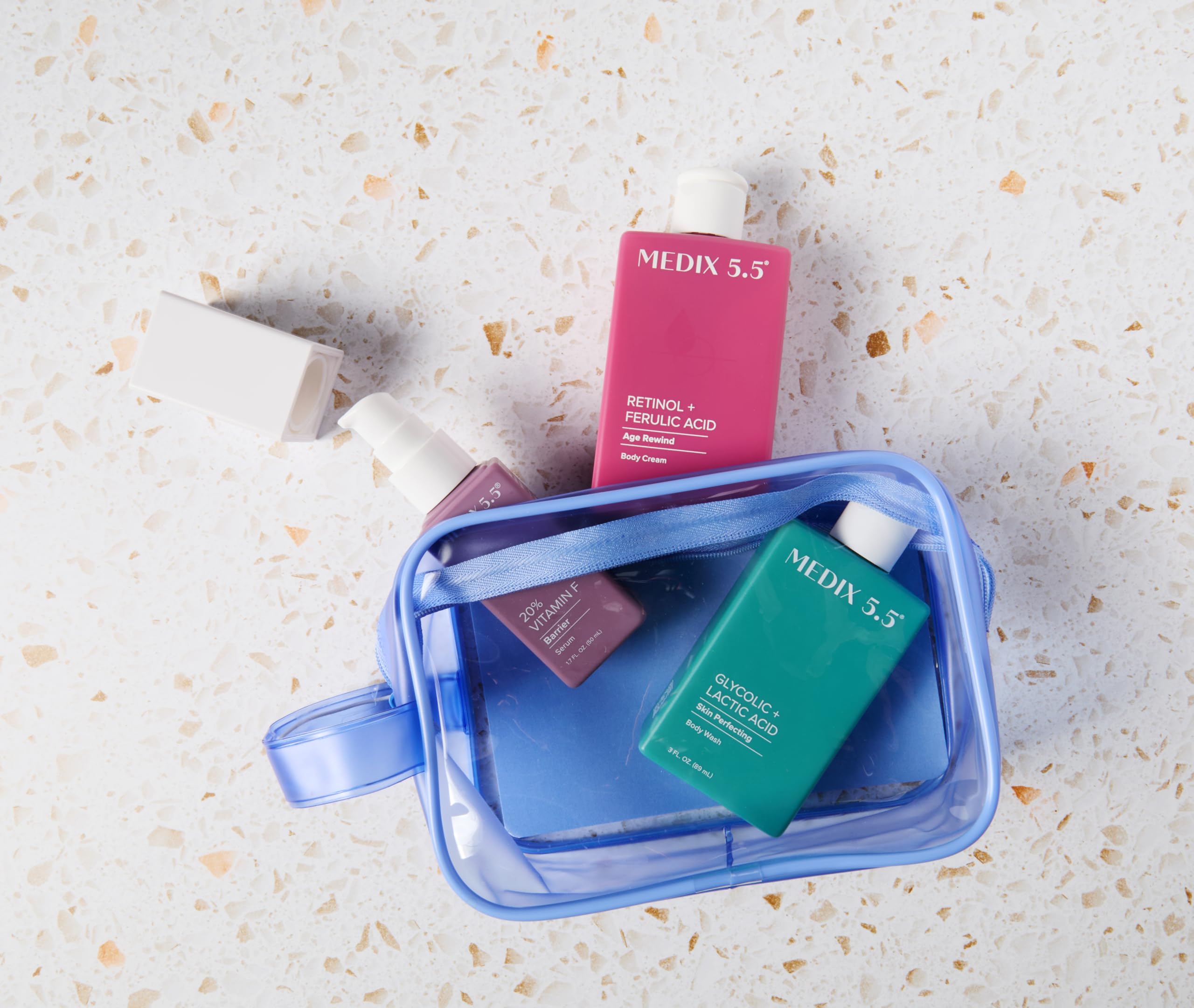 MEDIX 5.5 Best Sellers Travel Kit Skin Care Set - Retinol Body Lotion + Glycolic Acid Exfoliating Body Wash + 20% Vitamin F Body Oil 3PC Skincare Set | Crepey Skin Care Treatment, 3 Piece Travel Kit - Medix 5.5 Official Product View 3